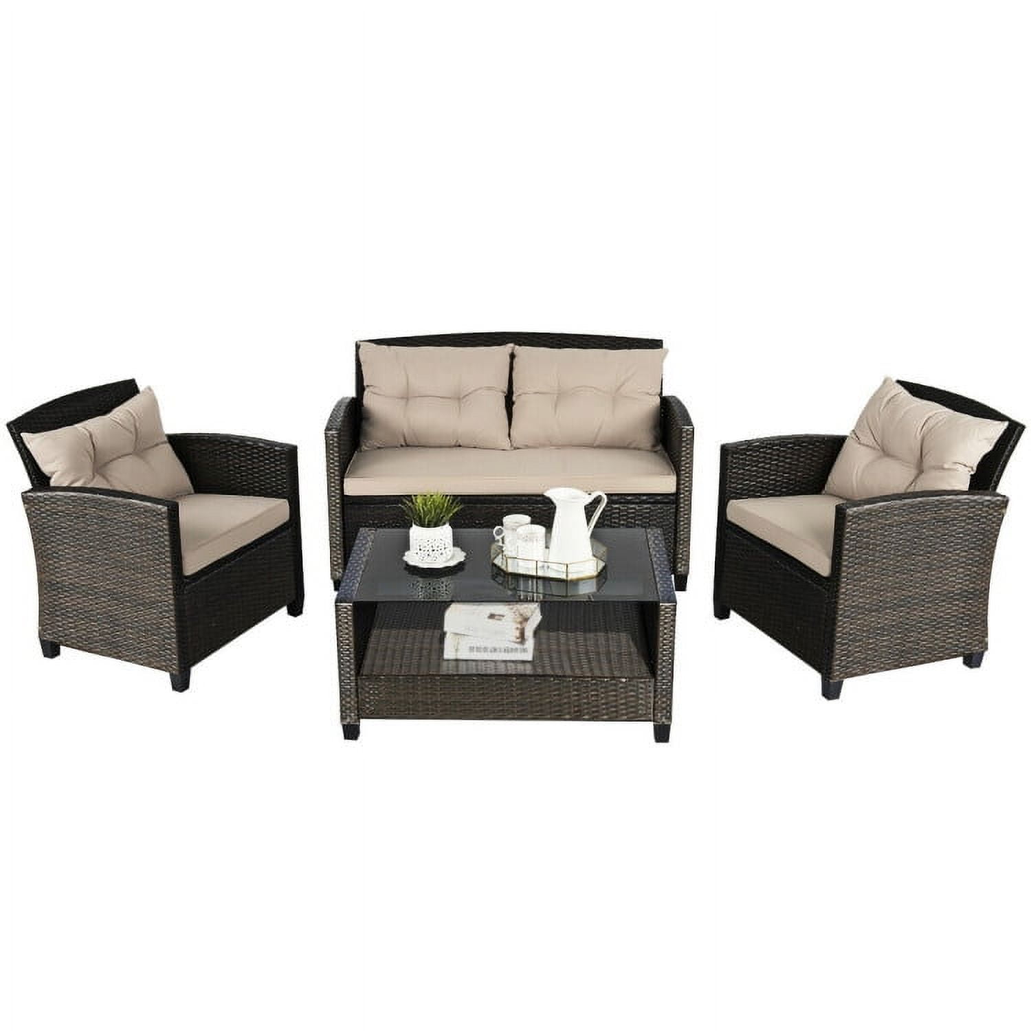 Aimee Lii 4 Pieces Outdoor Rattan Wicker Loveseat Furniture Set with Glass Table, Small Patio Set, Khaki Aimee Lii 4 Pieces Outdoor Rattan Wicker Loveseat Furniture Set with Glass Table, Small Patio Set, Khaki