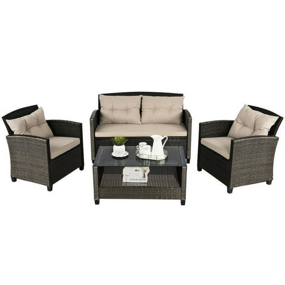 Aimee Lii 4 Pieces Outdoor Rattan Wicker Loveseat Furniture Set with Glass Table, Small Patio Set, Khaki