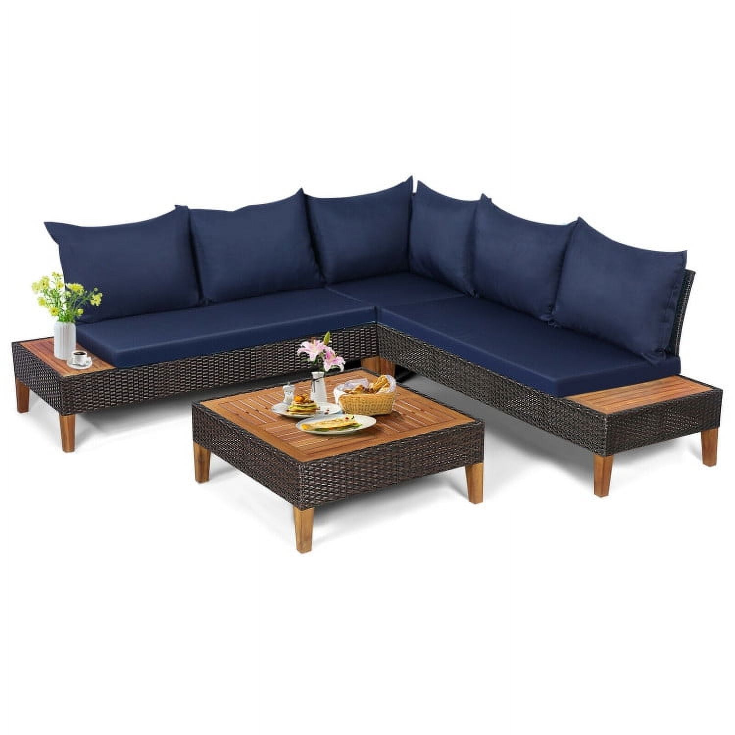 Aimee Lii 4 Pieces Patio Cushioned Rattan Furniture Set with Wooden Side Table, Outdoor Patio Set, Navy