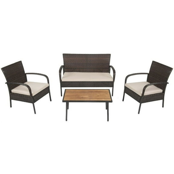 Aimee Lii 4 Pieces Patio Cushioned Wicker Conversation Set, Outdoor Sectional Set with Acacia Wood Tabletop