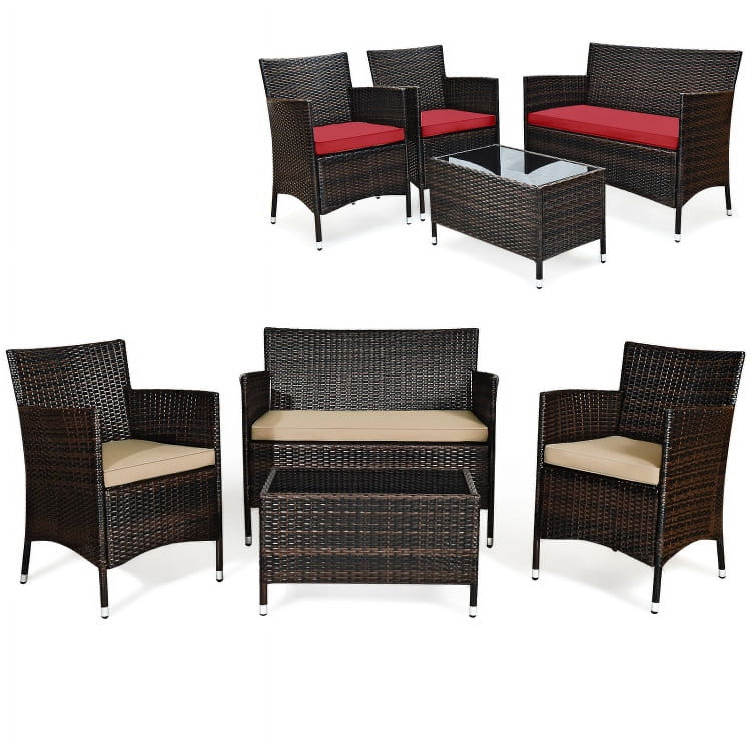 Aimee Lii 4 Pieces Patio Cushioned Wicker Conversation Set, Outdoor Sectional Set with with Glass Coffee Table, Beige & Red Aimee Lii 4 Pieces Patio Cushioned Wicker Conversation Set, Outdoor Sectional Set with with Glass Coffee Table, Beige & Red