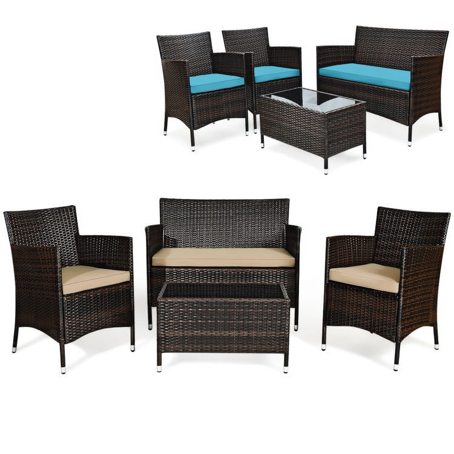 Aimee Lii 4 Pieces Patio Cushioned Wicker Conversation Set, Outdoor Sectional Set with with Glass Coffee Table, Beige & Turquoise