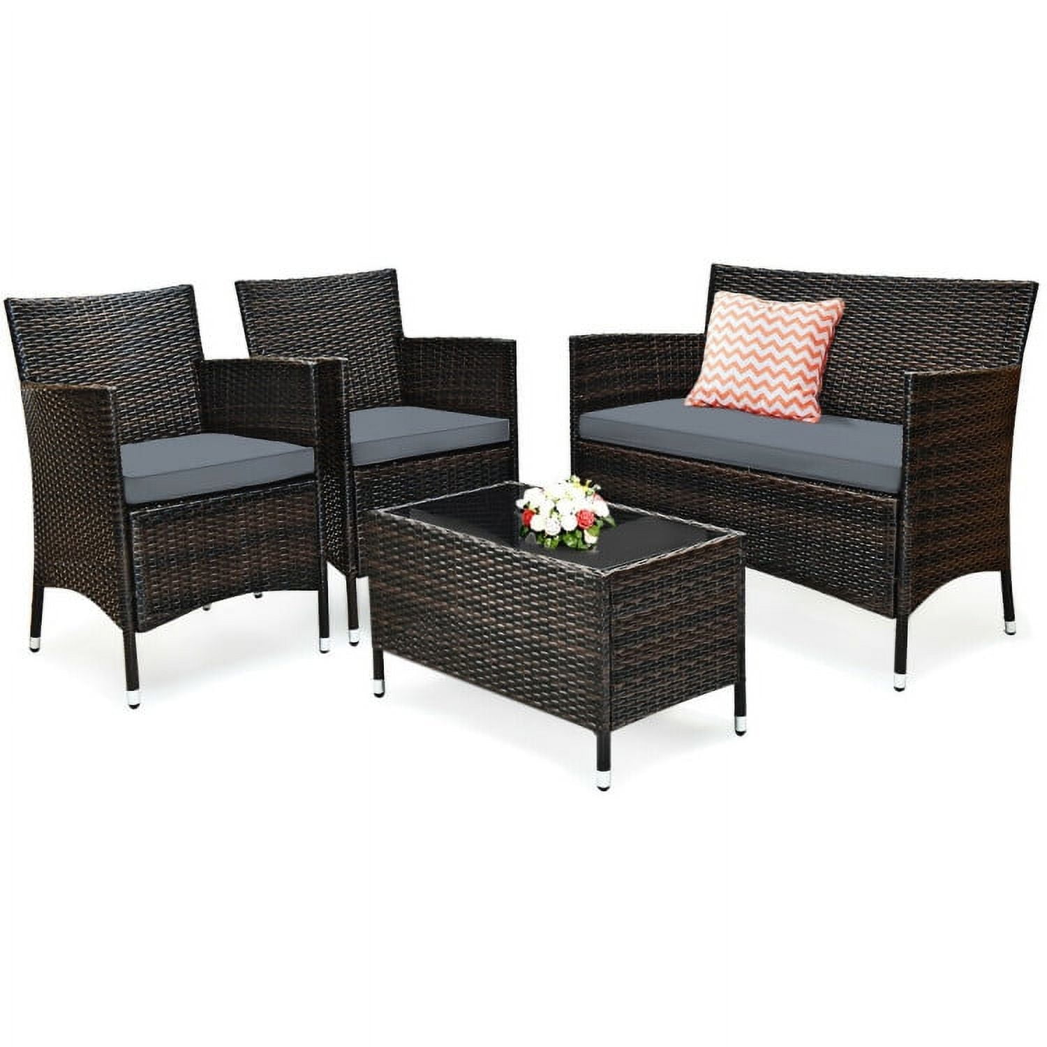 Aimee Lii 4 Pieces Patio Cushioned Wicker Conversation Set, Outdoor Sectional Set with with Glass Coffee Table, Gray Aimee Lii 4 Pieces Patio Cushioned Wicker Conversation Set, Outdoor Sectional Set with with Glass Coffee Table, Gray