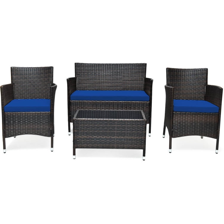 Aimee Lii 4 Pieces Patio Cushioned Wicker Conversation Set, Outdoor Sectional Set with with Glass Coffee Table, Navy