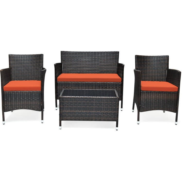 Aimee Lii 4 Pieces Patio Cushioned Wicker Conversation Set, Outdoor Sectional Set with with Glass Coffee Table, Orange Aimee Lii 4 Pieces Patio Cushioned Wicker Conversation Set, Outdoor Sectional Set with with Glass Coffee Table, Orange