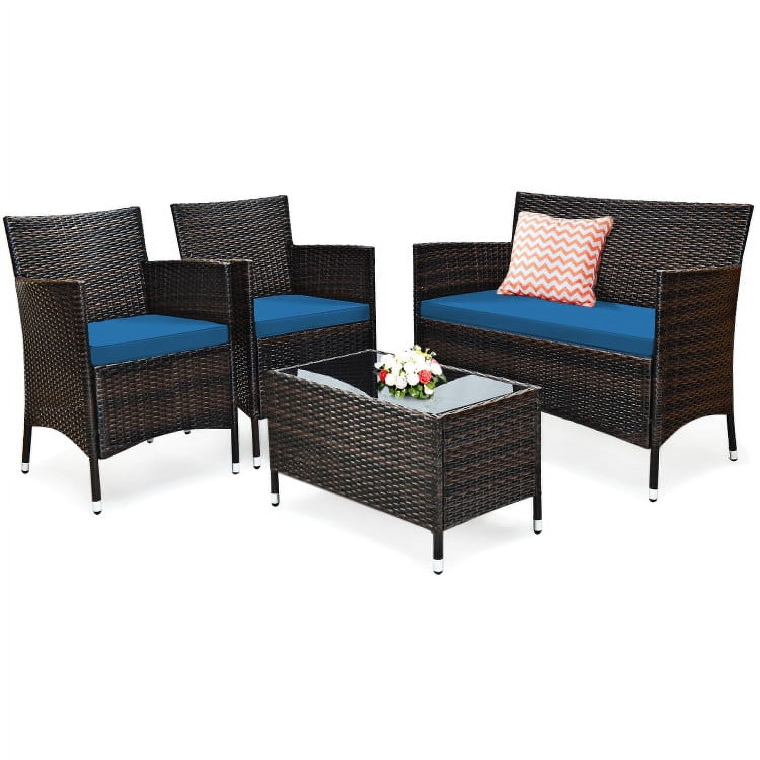 Aimee Lii 4 Pieces Patio Cushioned Wicker Conversation Set, Outdoor Sectional Set with with Glass Coffee Table, Peacock Blue