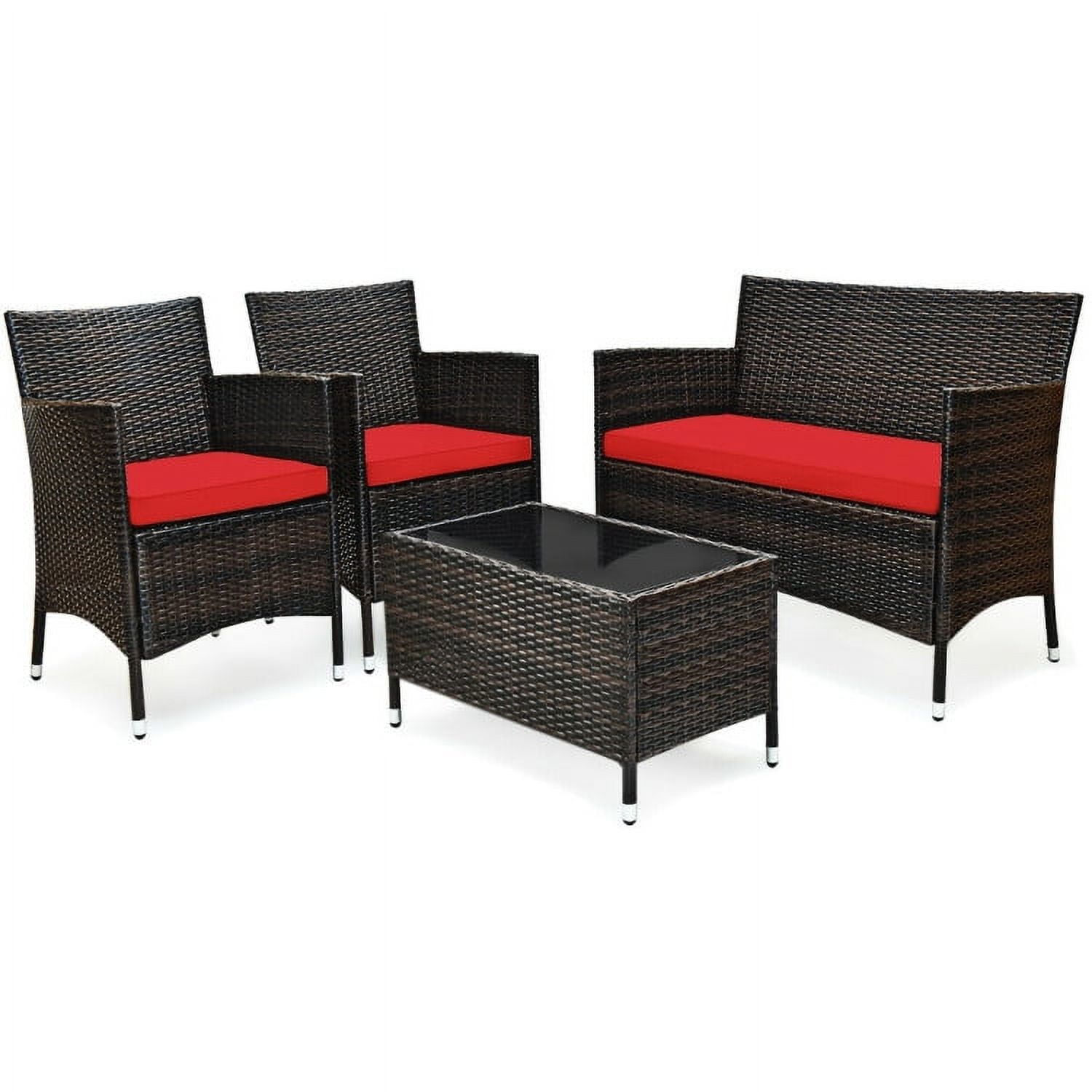 Aimee Lii 4 Pieces Patio Cushioned Wicker Conversation Set, Outdoor Sectional Set with with Glass Coffee Table, Red