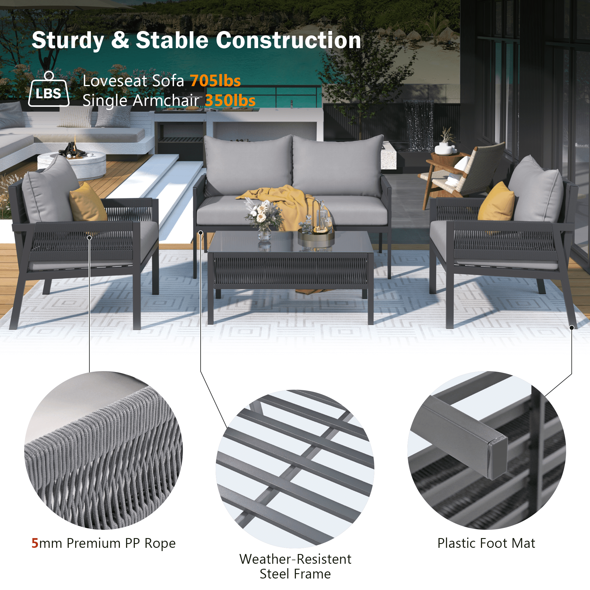 Aimee Lii 4-Pieces Patio Furniture Set, Patio Conversation Set with Tempered Glass Table and Thick Cushion, Outdoor Furniture for Backyard Porch Balcony, Gray Aimee Lii 4-Pieces Patio Furniture Set, Patio Conversation Set with Tempered Glass Table and Thick Cushion, Outdoor Furniture for Backyard Porch Balcony, Gray