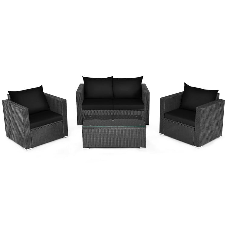 Aimee Lii 4 Pieces Patio Rattan Conversation Set, Small Patio Set with Padded Cushion and Tempered Glass Coffee Table, Black Aimee Lii 4 Pieces Patio Rattan Conversation Set, Small Patio Set with Padded Cushion and Tempered Glass Coffee Table, Black
