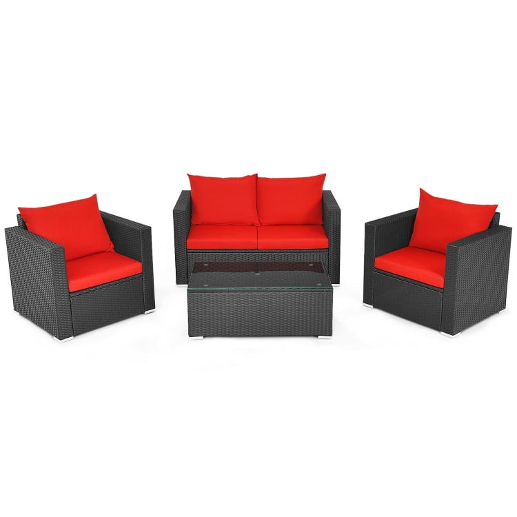 Aimee Lii 4 Pieces Patio Rattan Conversation Set, Small Patio Set with Padded Cushion and Tempered Glass Coffee Table, Red Aimee Lii 4 Pieces Patio Rattan Conversation Set, Small Patio Set with Padded Cushion and Tempered Glass Coffee Table, Red