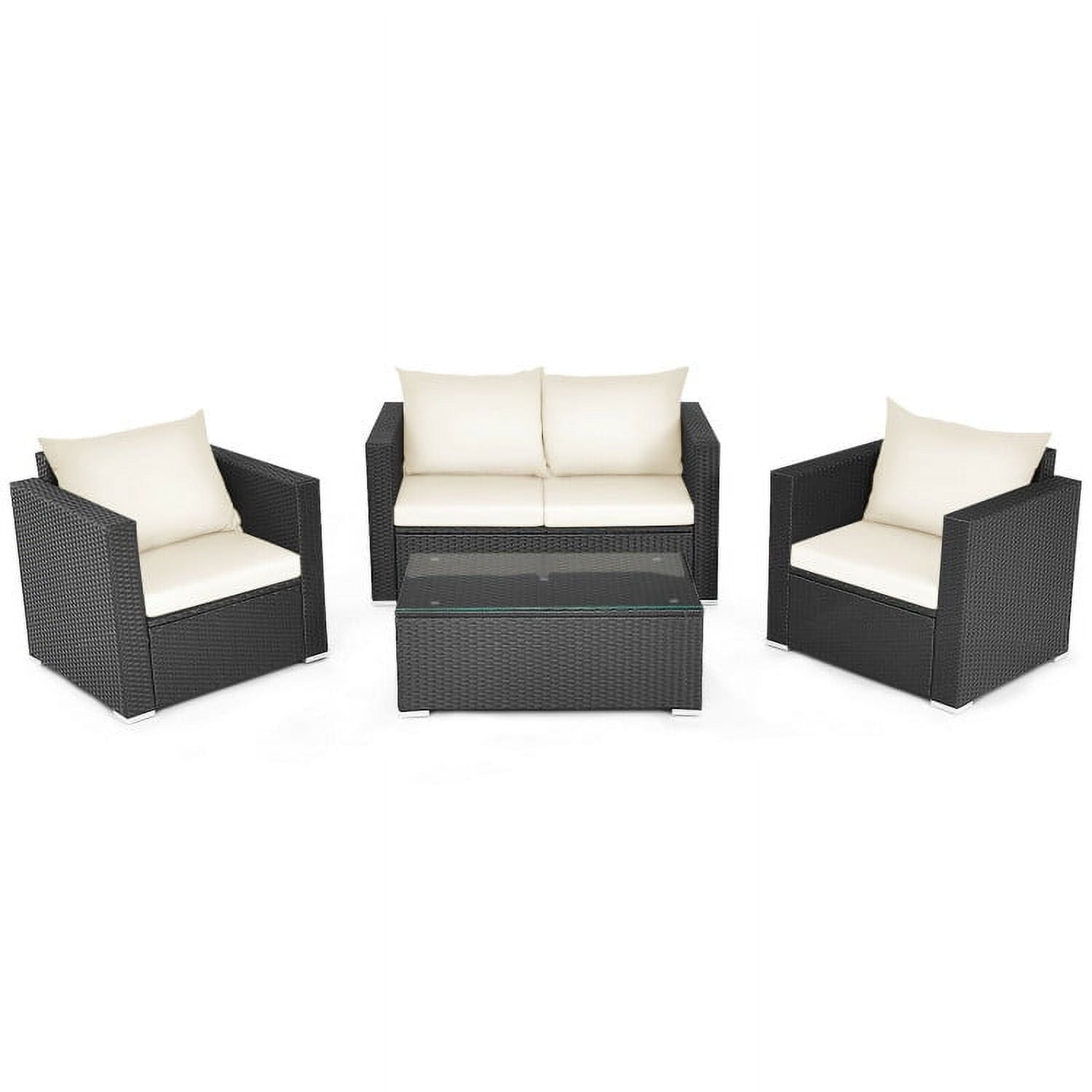 Aimee Lii 4 Pieces Patio Rattan Conversation Set, Small Patio Set with Padded Cushion and Tempered Glass Coffee Table, White Aimee Lii 4 Pieces Patio Rattan Conversation Set, Small Patio Set with Padded Cushion and Tempered Glass Coffee Table, White