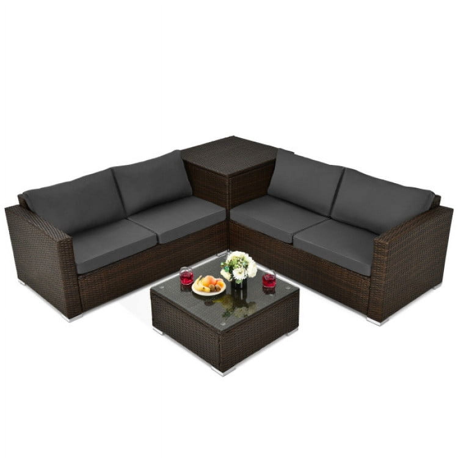 Aimee Lii 4 Pieces Patio Rattan Cushioned Furniture Set with Armrest and Storage Box, Outdoor Patio Set, Brown