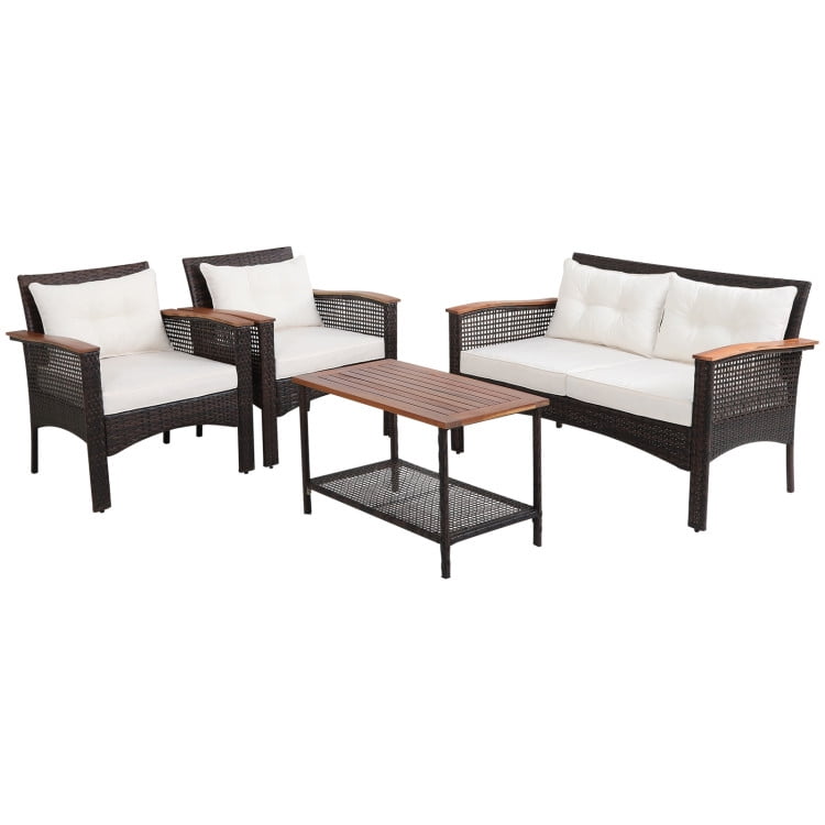 Aimee Lii 4 Pieces Patio Rattan Furniture Set with Acacia Wood Tabletop, Outdoor Patio Furniture Aimee Lii 4 Pieces Patio Rattan Furniture Set with Acacia Wood Tabletop, Outdoor Patio Furniture