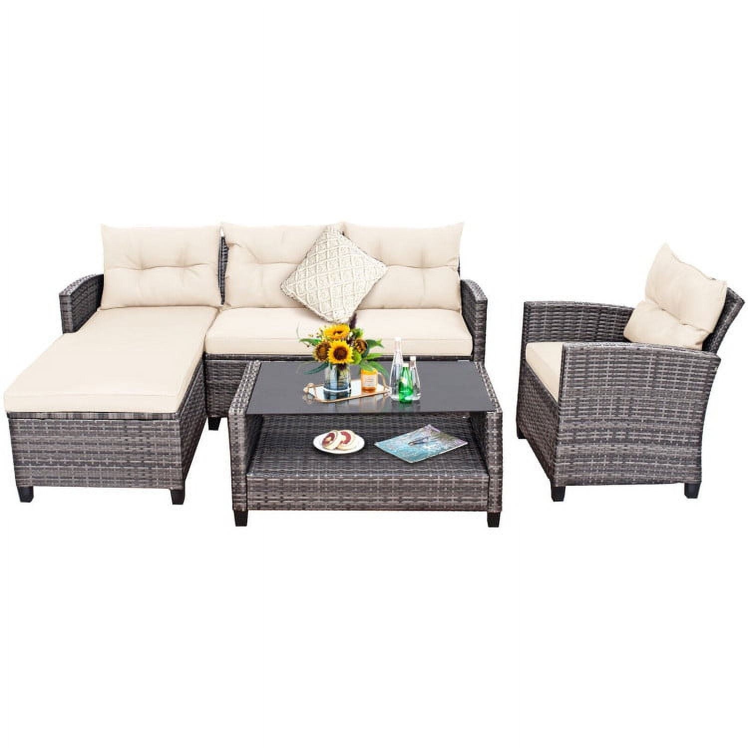 Aimee Lii 4 Pieces Patio Rattan Furniture Set with Cushion and Table Shelf, Outdoor Deck Furniture, Off White