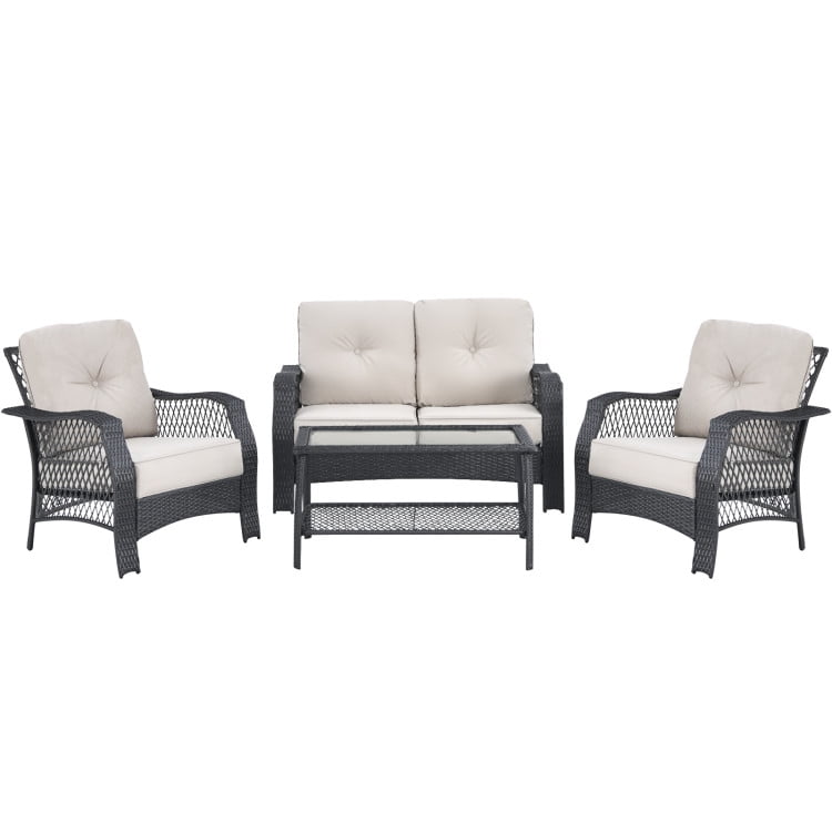 Aimee Lii 4 Pieces Patio Wicker Furniture Set with Cushion, Coffee Table, Outdoor Patio Furniture Sets, Beige Aimee Lii 4 Pieces Patio Wicker Furniture Set with Cushion, Coffee Table, Outdoor Patio Furniture Sets, Beige