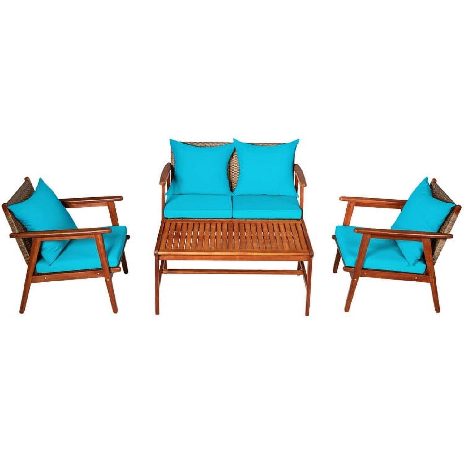 Aimee Lii 4 Pieces Patio Wicker Rattan Furniture Set for Lawn Backyard, Acacia Wood Patio Outdoor Patio Furniture, Turquoise