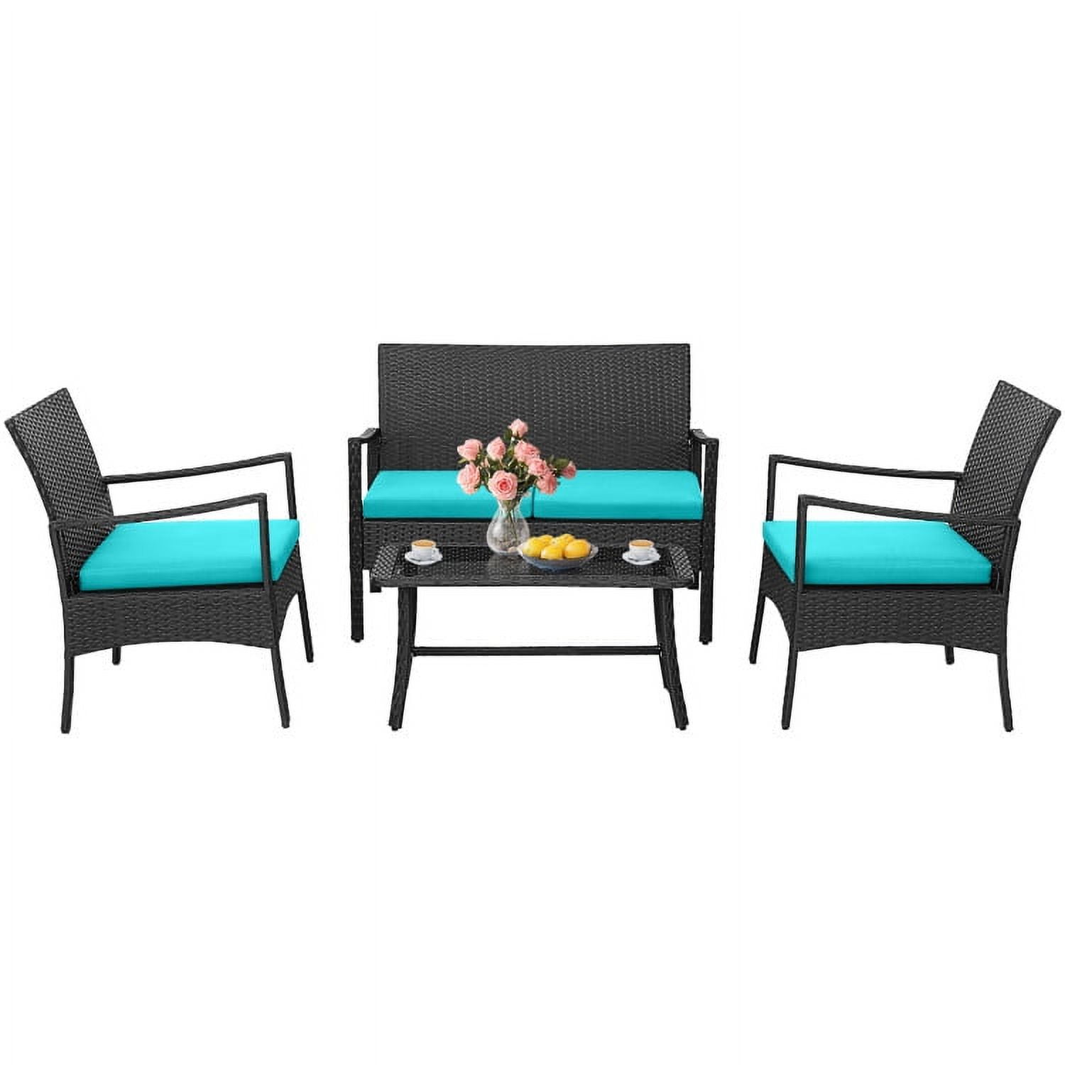Aimee Lii 4 Pieces Rattan Conversation Set, Patio Table and Chairs Set, Outdoor Patio Set with Tempered Glass Coffee Table, Turquoise Aimee Lii 4 Pieces Rattan Conversation Set, Patio Table and Chairs Set, Outdoor Patio Set with Tempered Glass Coffee Table, Turquoise