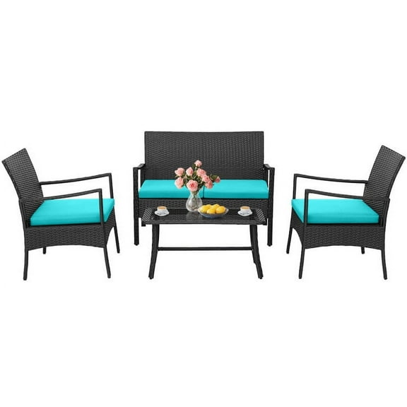 Aimee Lii 4 Pieces Rattan Conversation Set, Patio Table and Chairs Set, Outdoor Patio Set with Tempered Glass Coffee Table, Turquoise