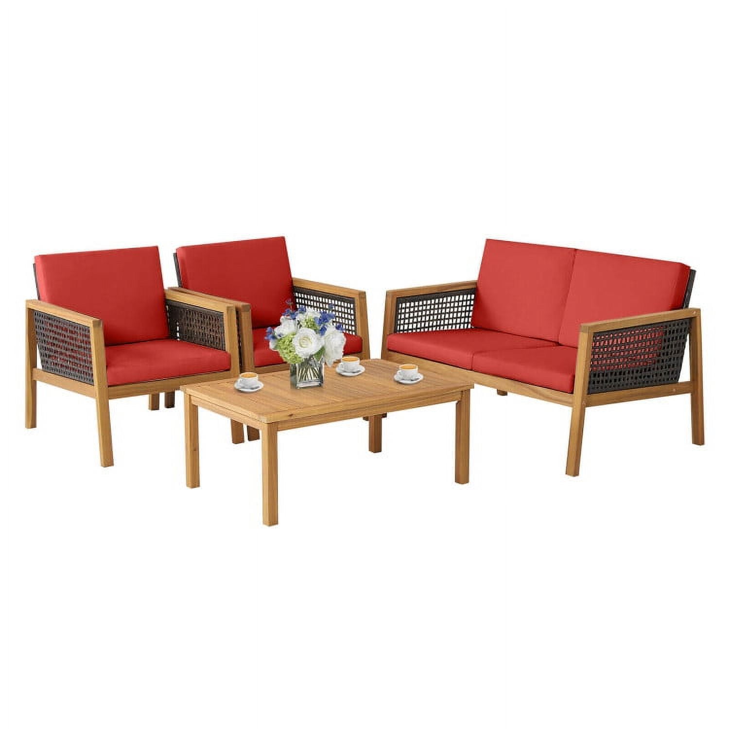 Aimee Lii 4 Pieces Wicker Furniture Set with Removable Cushions, Outdoor Patio Furniture, Red