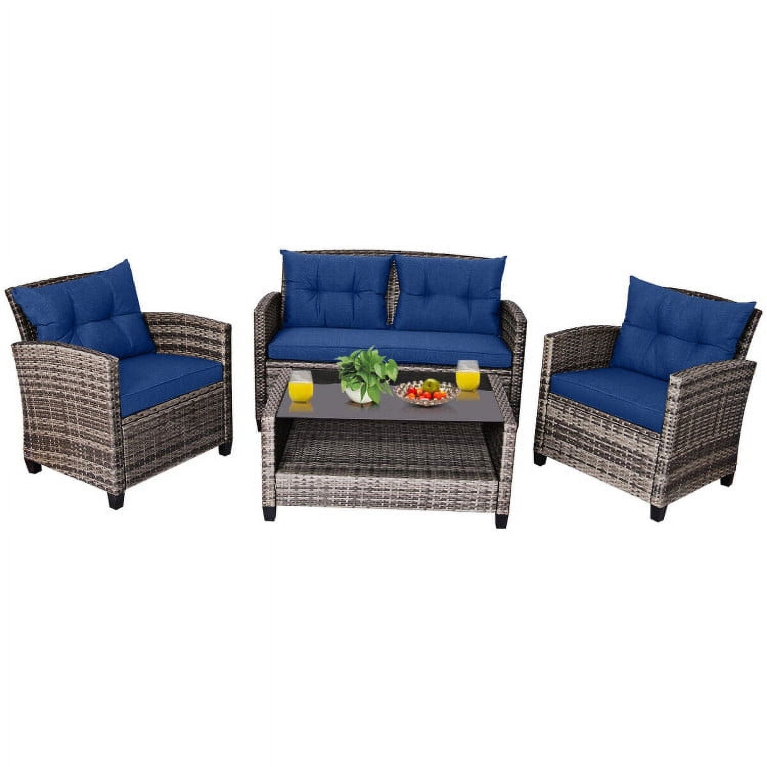Aimee Lii 4 Pieces Wicker Patio Furniture Set, Coffee Table Cushioned Sofa, Modern Patio Furniture, Gray + Navy Aimee Lii 4 Pieces Wicker Patio Furniture Set, Coffee Table Cushioned Sofa, Modern Patio Furniture, Gray + Navy