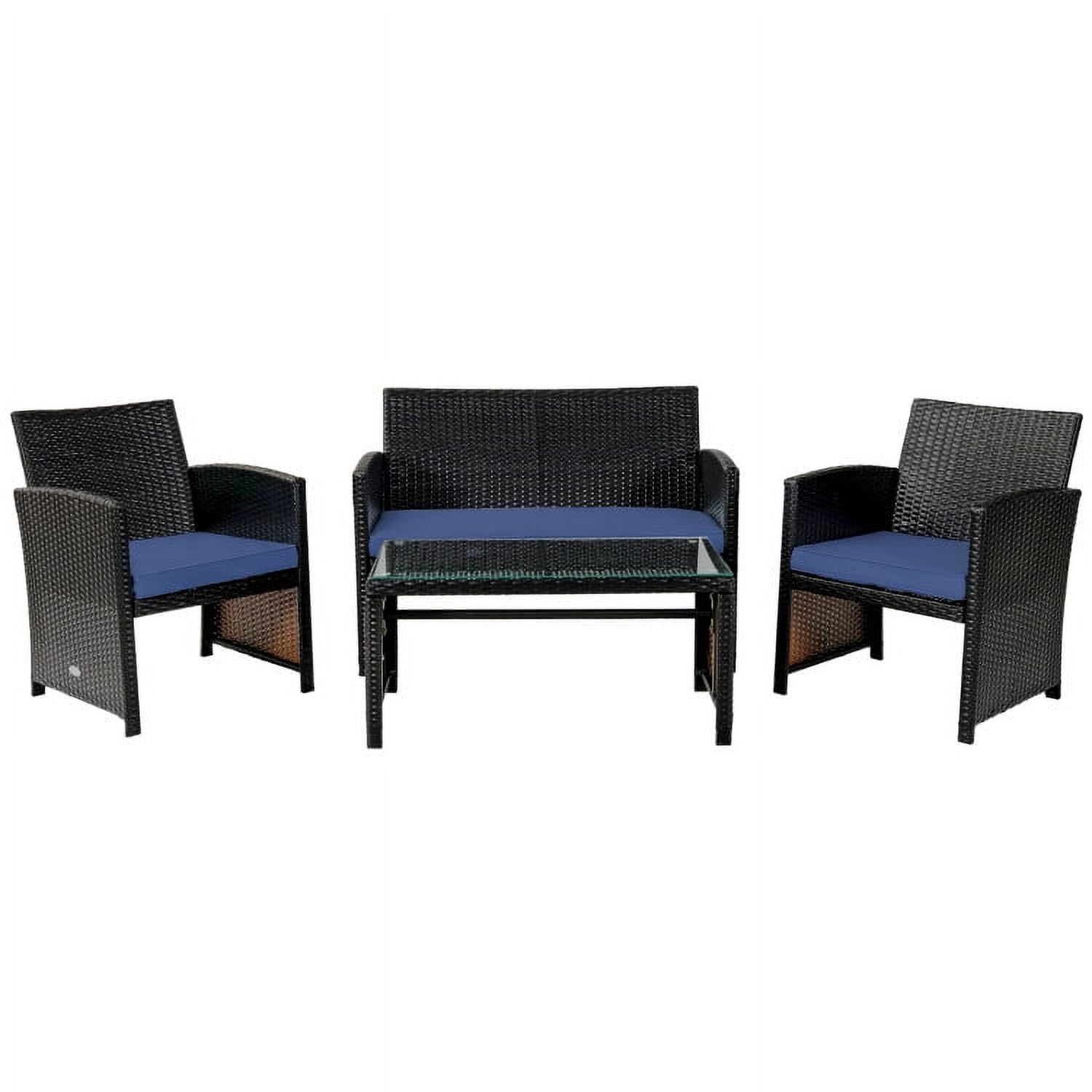 Aimee Lii 4 Pieces Wicker Patio Furniture Set, Coffee Table Cushioned Sofa, Modern Patio Furniture, Navy Aimee Lii 4 Pieces Wicker Patio Furniture Set, Coffee Table Cushioned Sofa, Modern Patio Furniture, Navy
