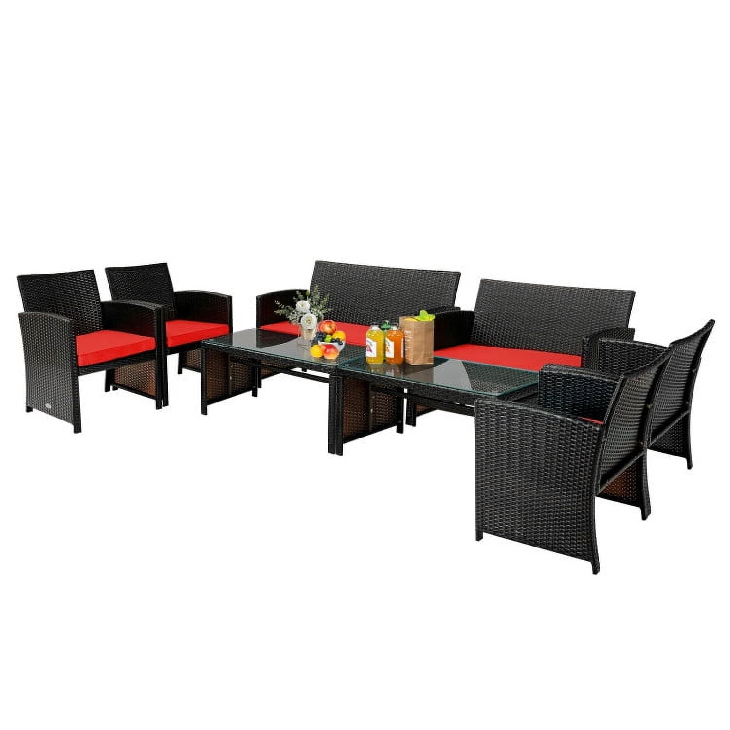 Aimee Lii 4 Pieces Wicker Patio Furniture Set, Coffee Table Cushioned Sofa, Modern Patio Furniture, Red Aimee Lii 4 Pieces Wicker Patio Furniture Set, Coffee Table Cushioned Sofa, Modern Patio Furniture, Red