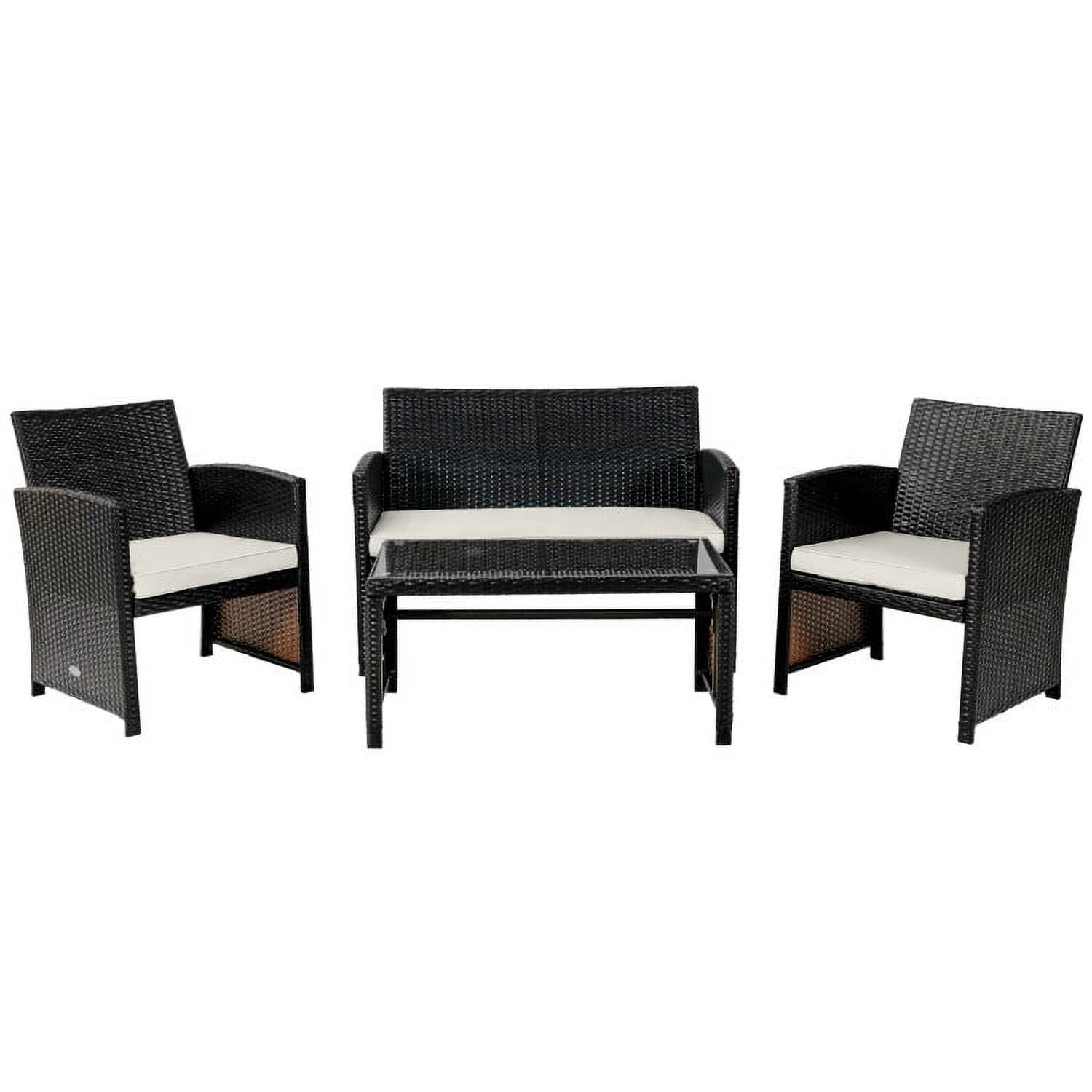 Aimee Lii 4 Pieces Wicker Patio Furniture Set, Coffee Table Cushioned Sofa, Modern Patio Furniture, White Aimee Lii 4 Pieces Wicker Patio Furniture Set, Coffee Table Cushioned Sofa, Modern Patio Furniture, White