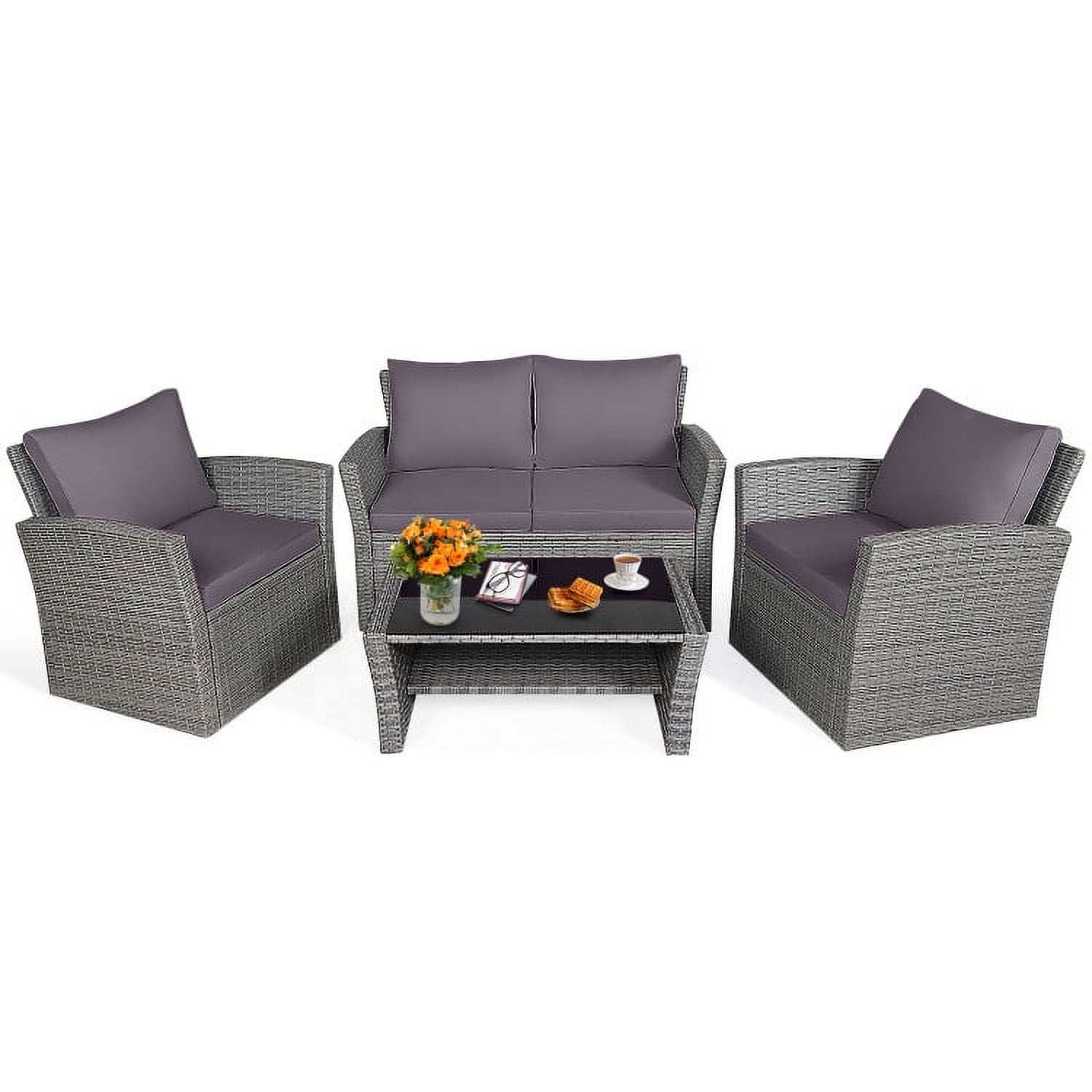 Aimee Lii 4 Pieces Wicker Patio Furniture Set Sofa Table with Storage Shelf Cushion, Modern Patio Furniture, Gray Aimee Lii 4 Pieces Wicker Patio Furniture Set Sofa Table with Storage Shelf Cushion, Modern Patio Furniture, Gray