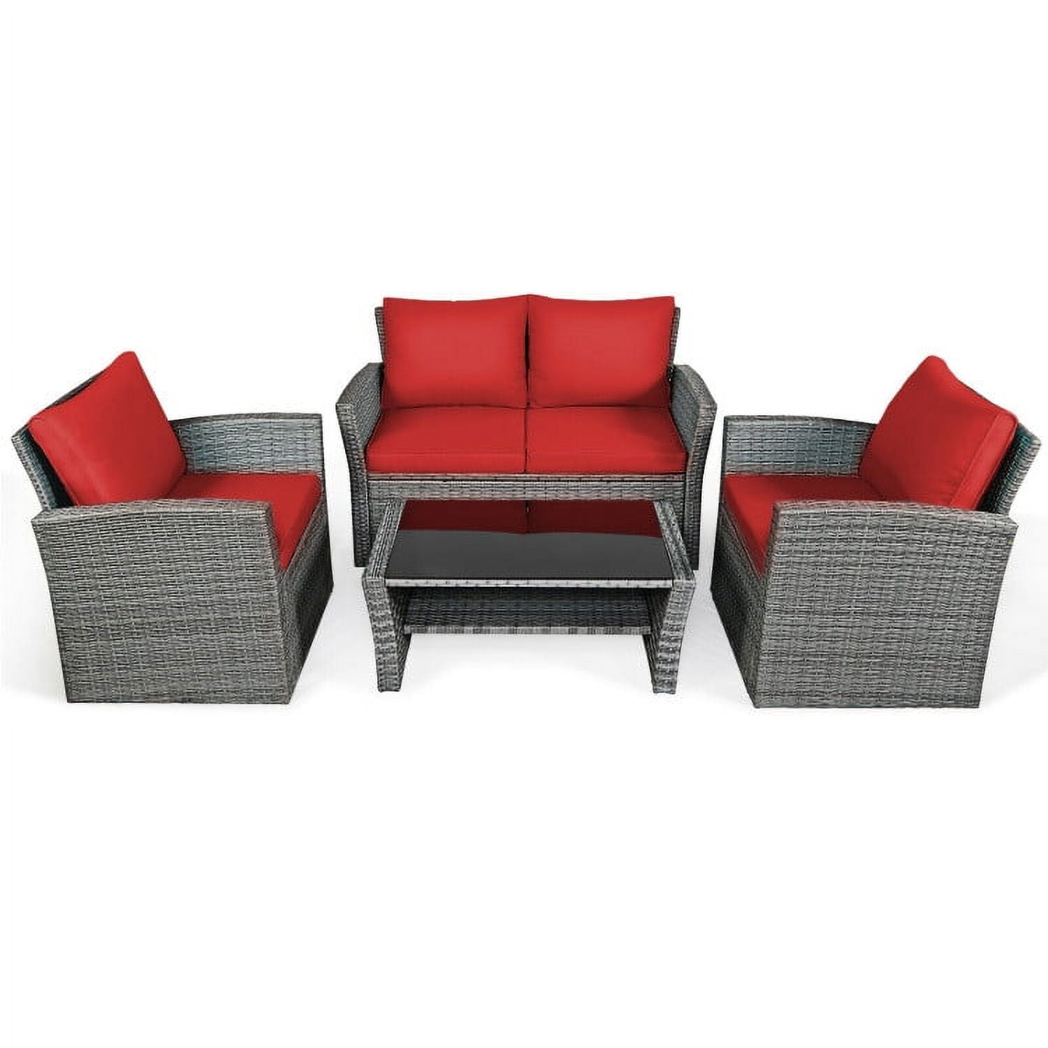 Aimee Lii 4 Pieces Wicker Patio Furniture Set Sofa Table with Storage Shelf Cushion, Modern Patio Furniture, Red Aimee Lii 4 Pieces Wicker Patio Furniture Set Sofa Table with Storage Shelf Cushion, Modern Patio Furniture, Red