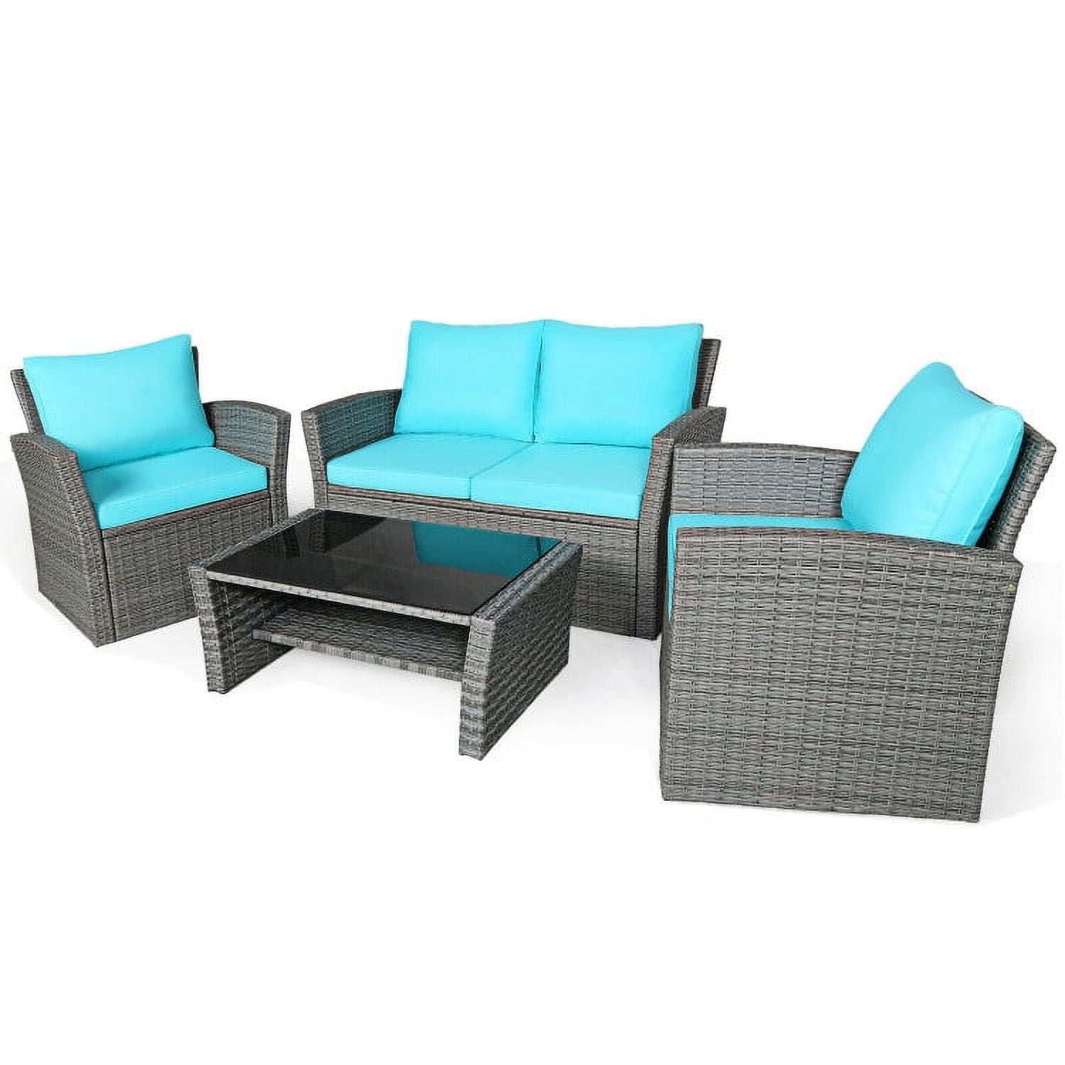 Aimee Lii 4 Pieces Wicker Patio Furniture Set Sofa Table with Storage Shelf Cushion, Modern Patio Furniture, Turquoise Aimee Lii 4 Pieces Wicker Patio Furniture Set Sofa Table with Storage Shelf Cushion, Modern Patio Furniture, Turquoise