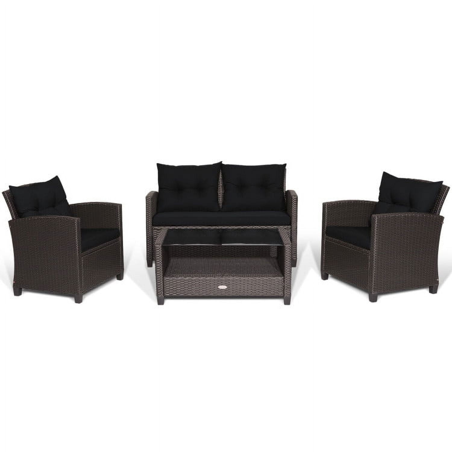 Aimee Lii 4 Pieces Wicker Patio Furniture Set with Tempered Glass Coffee Table, Wicker Outdoor Sectional, Black Aimee Lii 4 Pieces Wicker Patio Furniture Set with Tempered Glass Coffee Table, Wicker Outdoor Sectional, Black