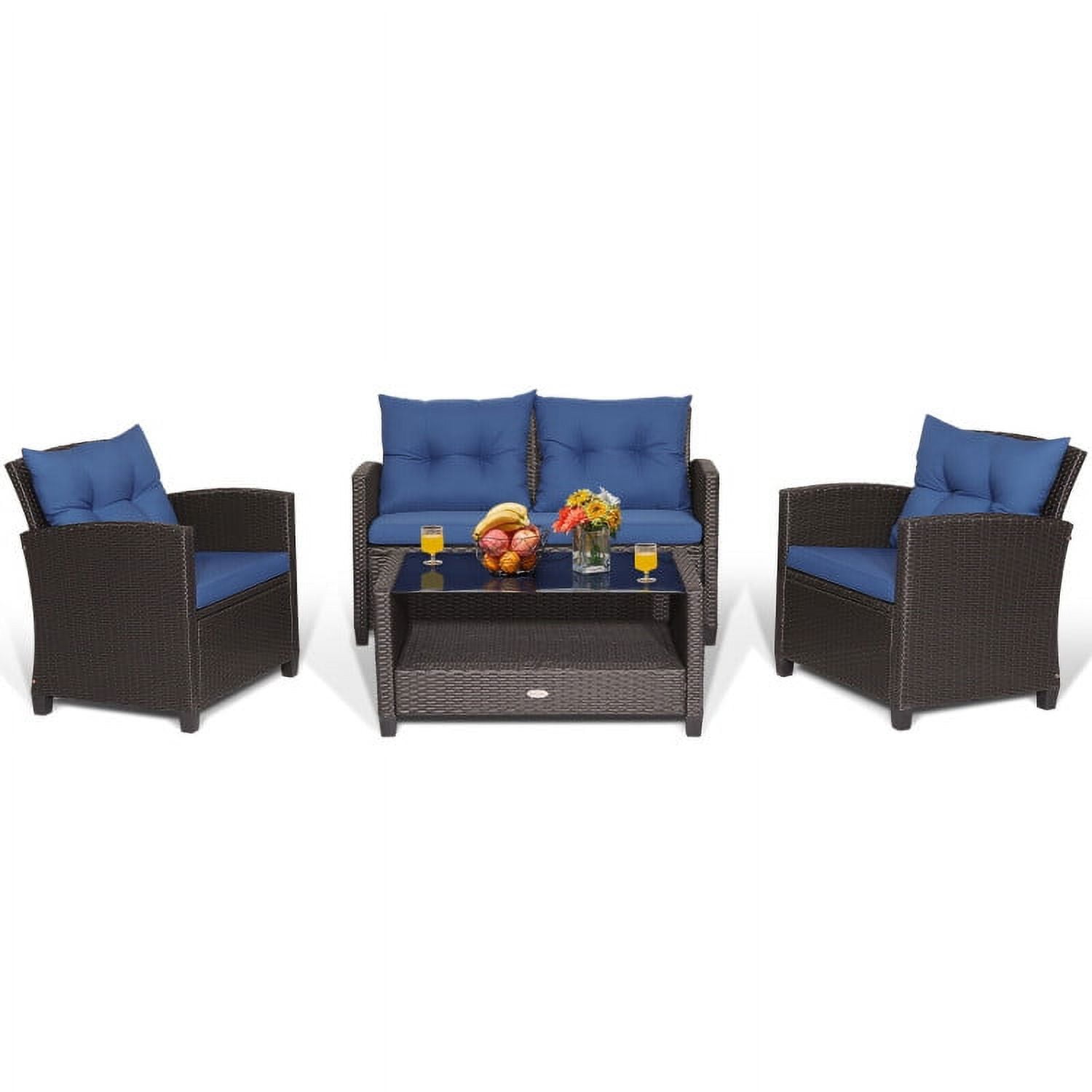 Aimee Lii 4 Pieces Wicker Patio Furniture Set with Tempered Glass Coffee Table, Wicker Outdoor Sectional, Navy Aimee Lii 4 Pieces Wicker Patio Furniture Set with Tempered Glass Coffee Table, Wicker Outdoor Sectional, Navy