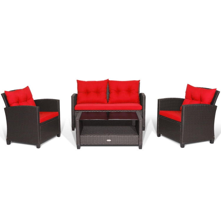 Aimee Lii 4 Pieces Wicker Patio Furniture Set with Tempered Glass Coffee Table, Wicker Outdoor Sectional, Red