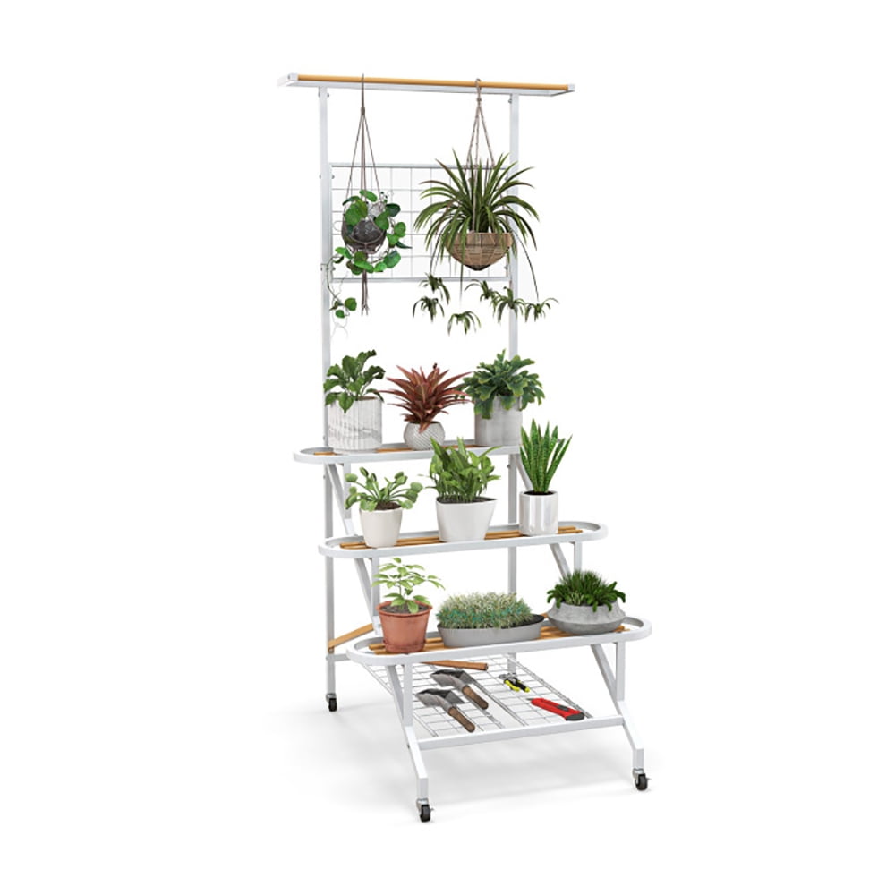 Aimee Lii 4-Tier Hanging Plant Stand with Hanging Bar, Plant Stand Multi Tiered, Plant Display Stand for Living Room, Balcony, White