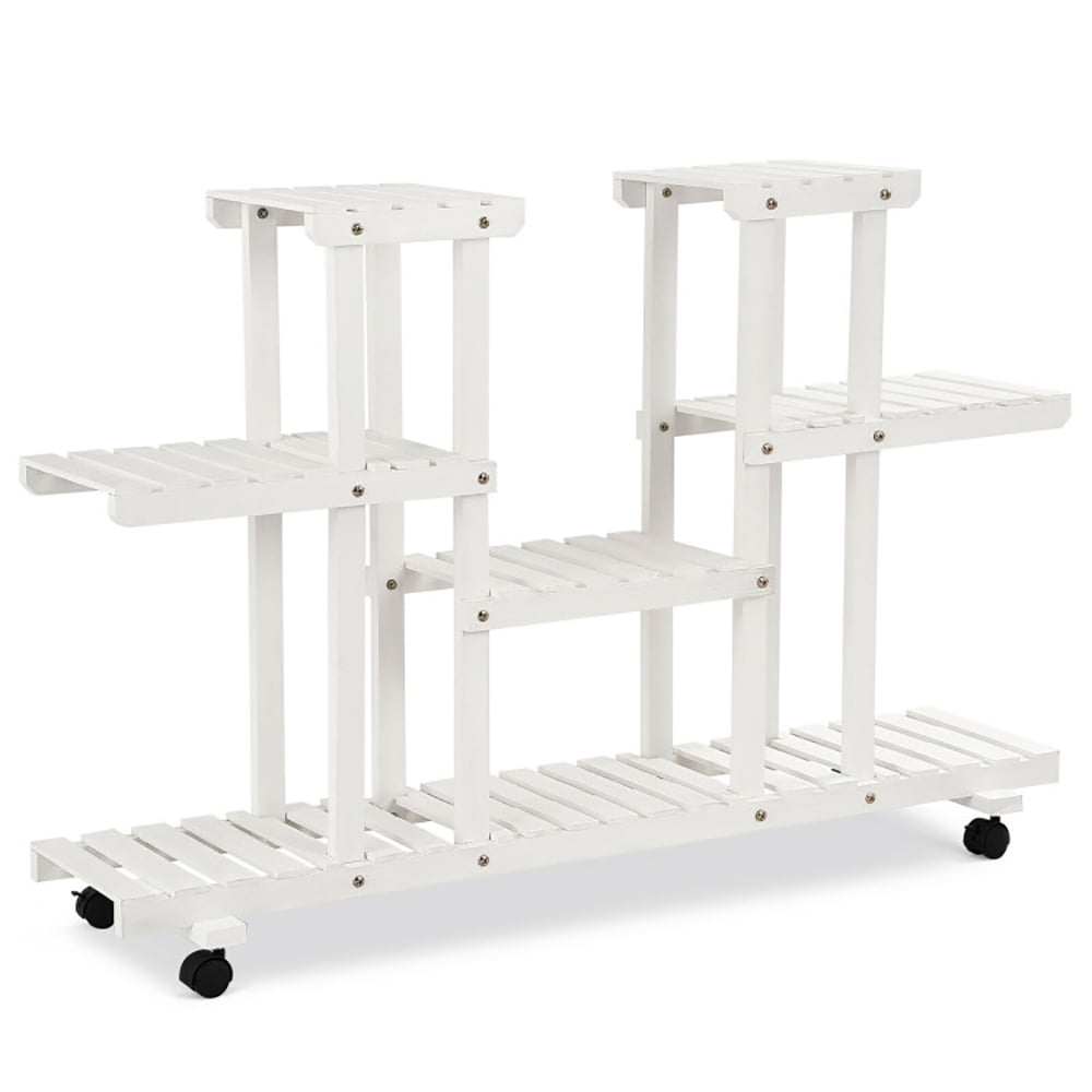 Aimee Lii 4-Tier Wood Casters Rolling Shelf Plant Stand, Vertical Shelf Flower Display Rack Holder, Stable and Space-Saving