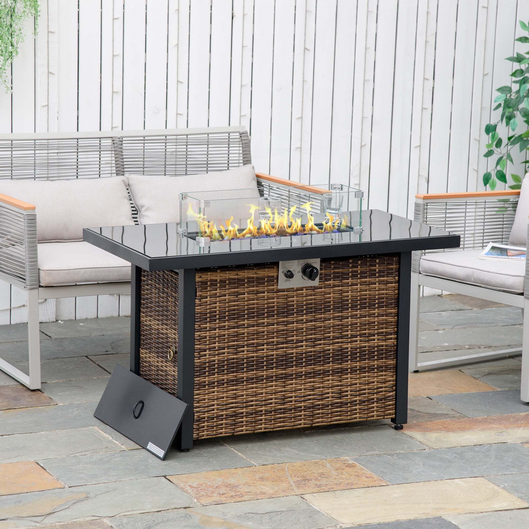 Aimee Lii 43" Outdoor Propane Gas Fire Pit Table, 50,000 BTU Auto-Ignition Wicker Gas Firepit with Glass Wind Guard, Blue Glass Rock, Brown