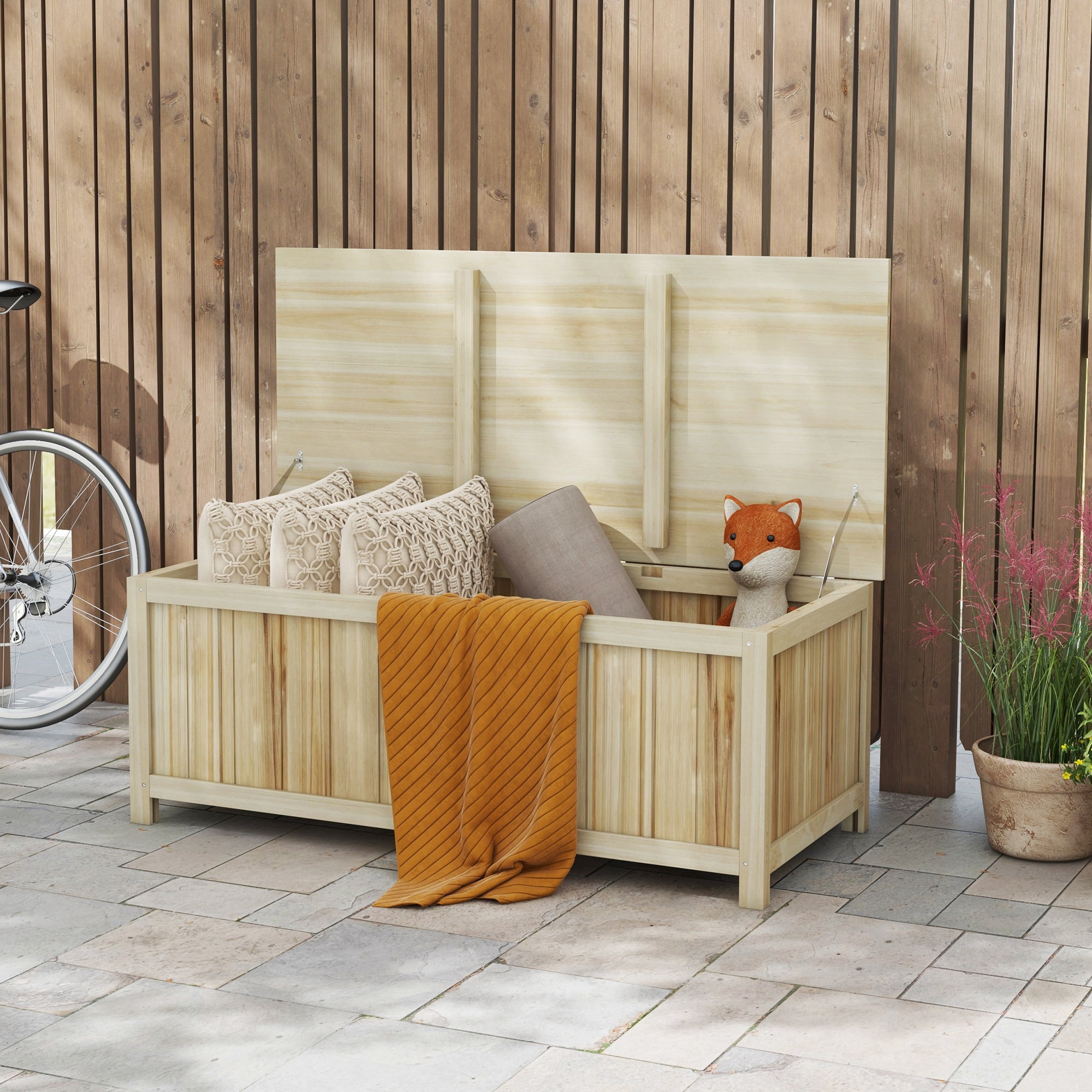 Aimee Lii 45.5 Gallon Outdoor Storage Box, Wooden Deck Box Garden Storage Container for Balcony, Porch, Poolside, Natural