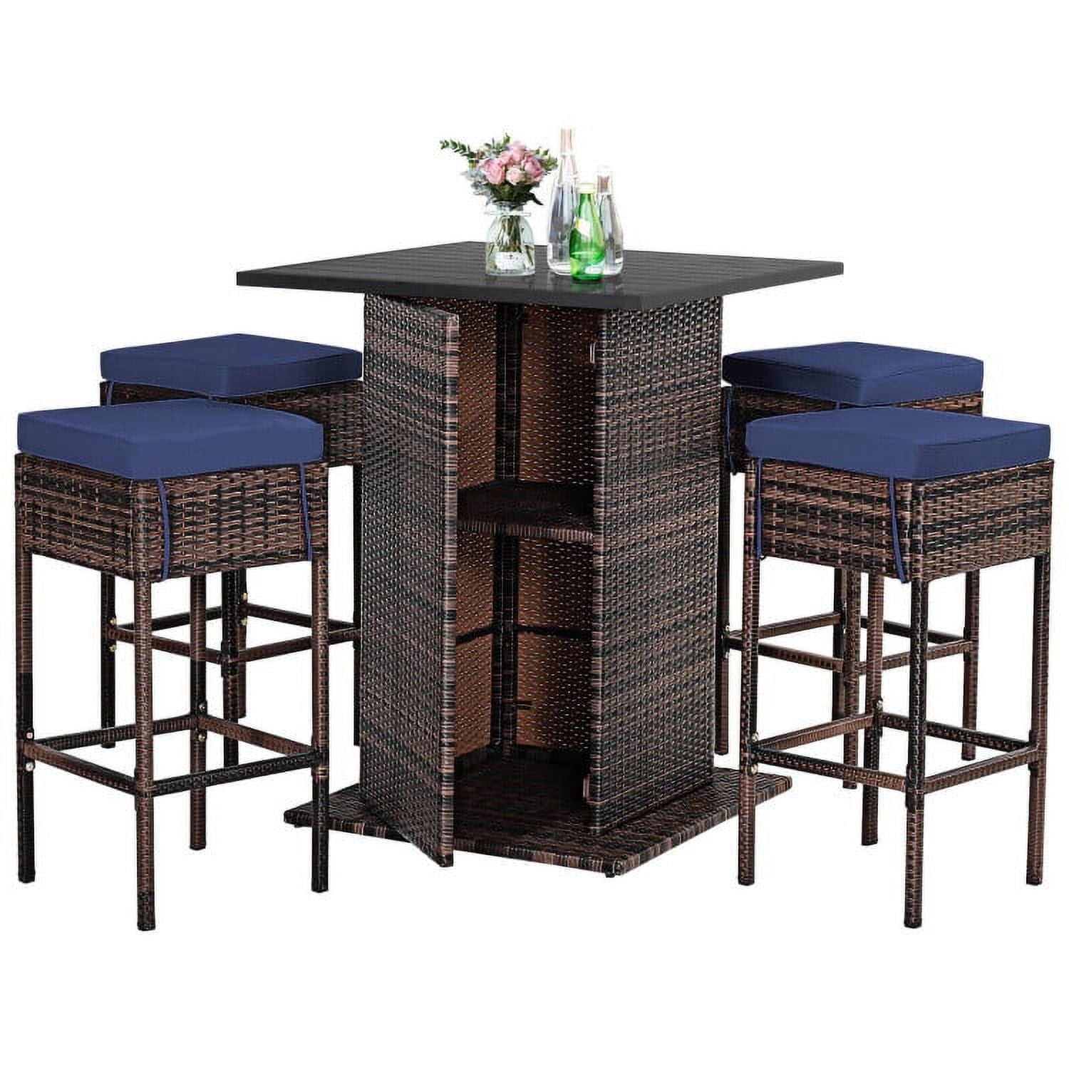 Aimee Lii 5 Pieces Patio Rattan Bar Table Stool Set Hidden Storage Shelf Cushioned, Outdoor Patio Furniture, Navy