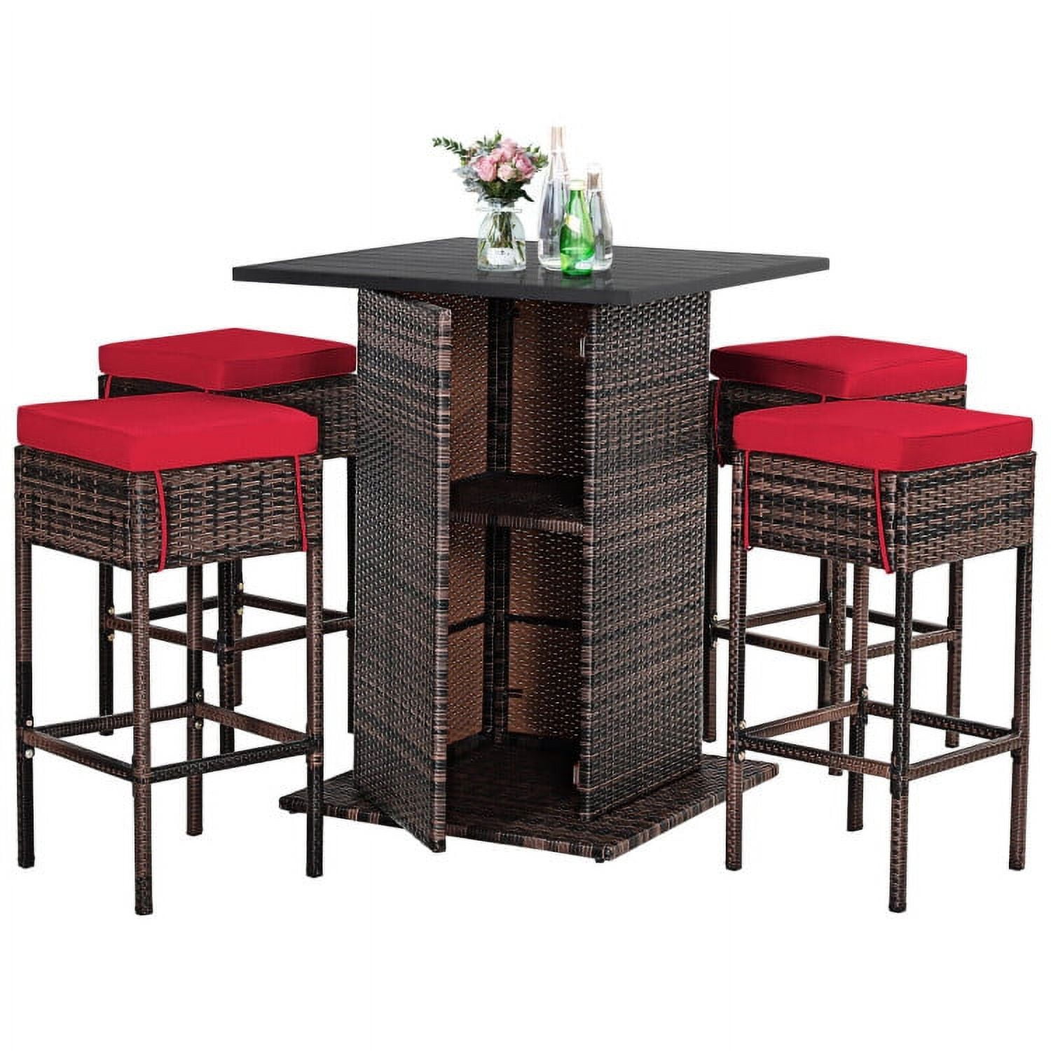 Aimee Lii 5 Pieces Patio Rattan Bar Table Stool Set Hidden Storage Shelf Cushioned, Outdoor Patio Furniture, Red