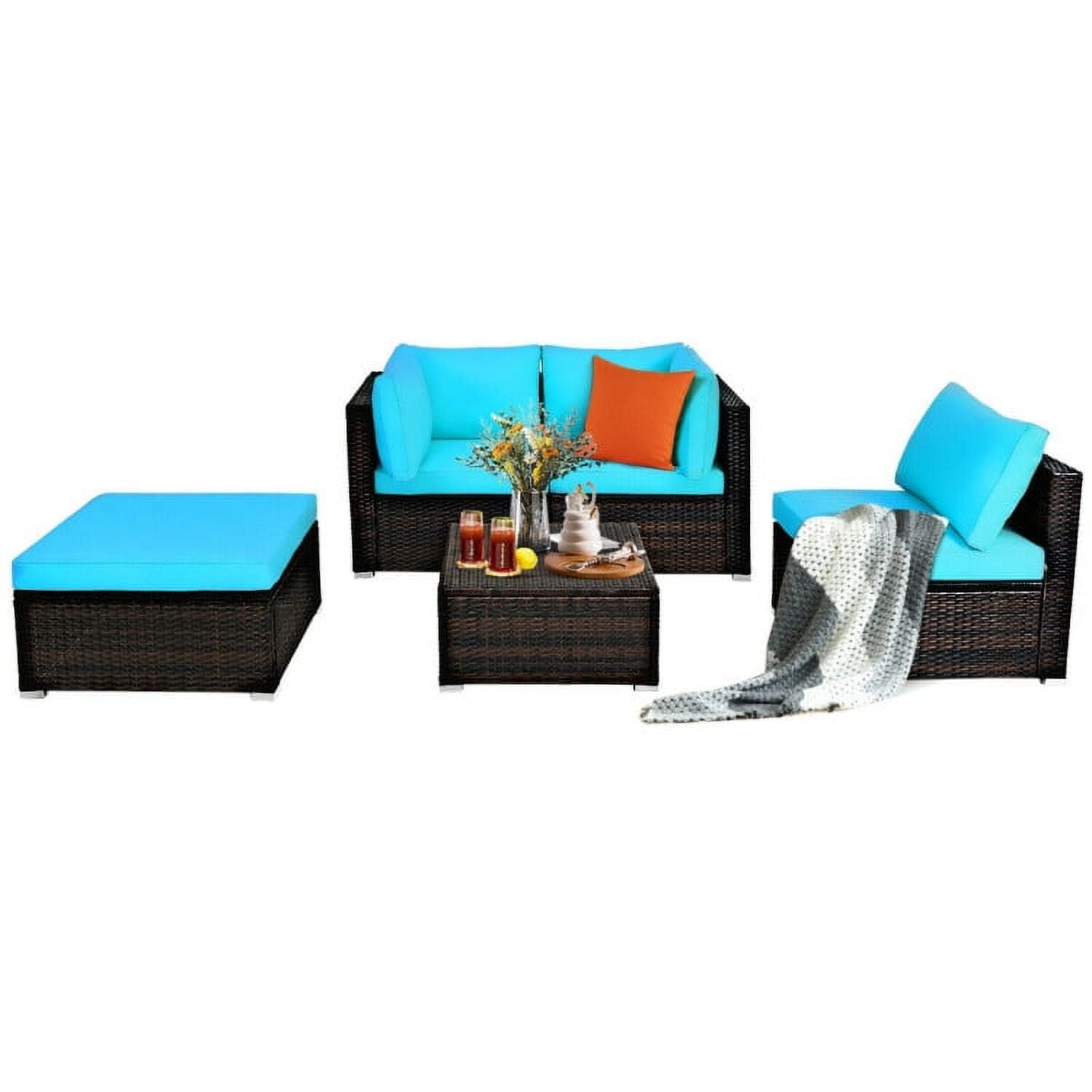 Aimee Lii 5 Pieces Patio Rattan Sectional Conversation Ottoman Furniture Set, Outdoor Patio Set, Blue Aimee Lii 5 Pieces Patio Rattan Sectional Conversation Ottoman Furniture Set, Outdoor Patio Set, Blue