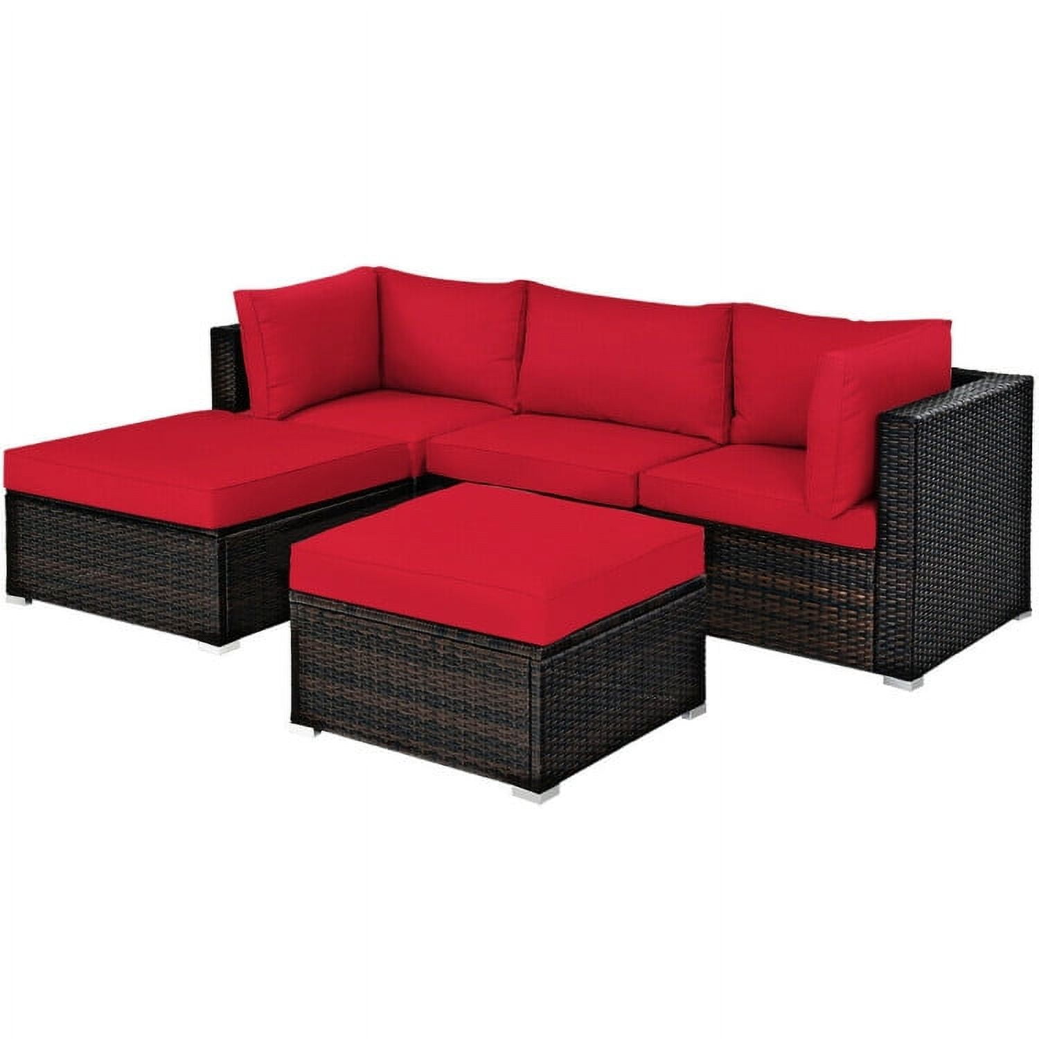 Aimee Lii 5 Pieces Patio Rattan Sectional Conversation Ottoman Furniture Set, Outdoor Patio Set, Red