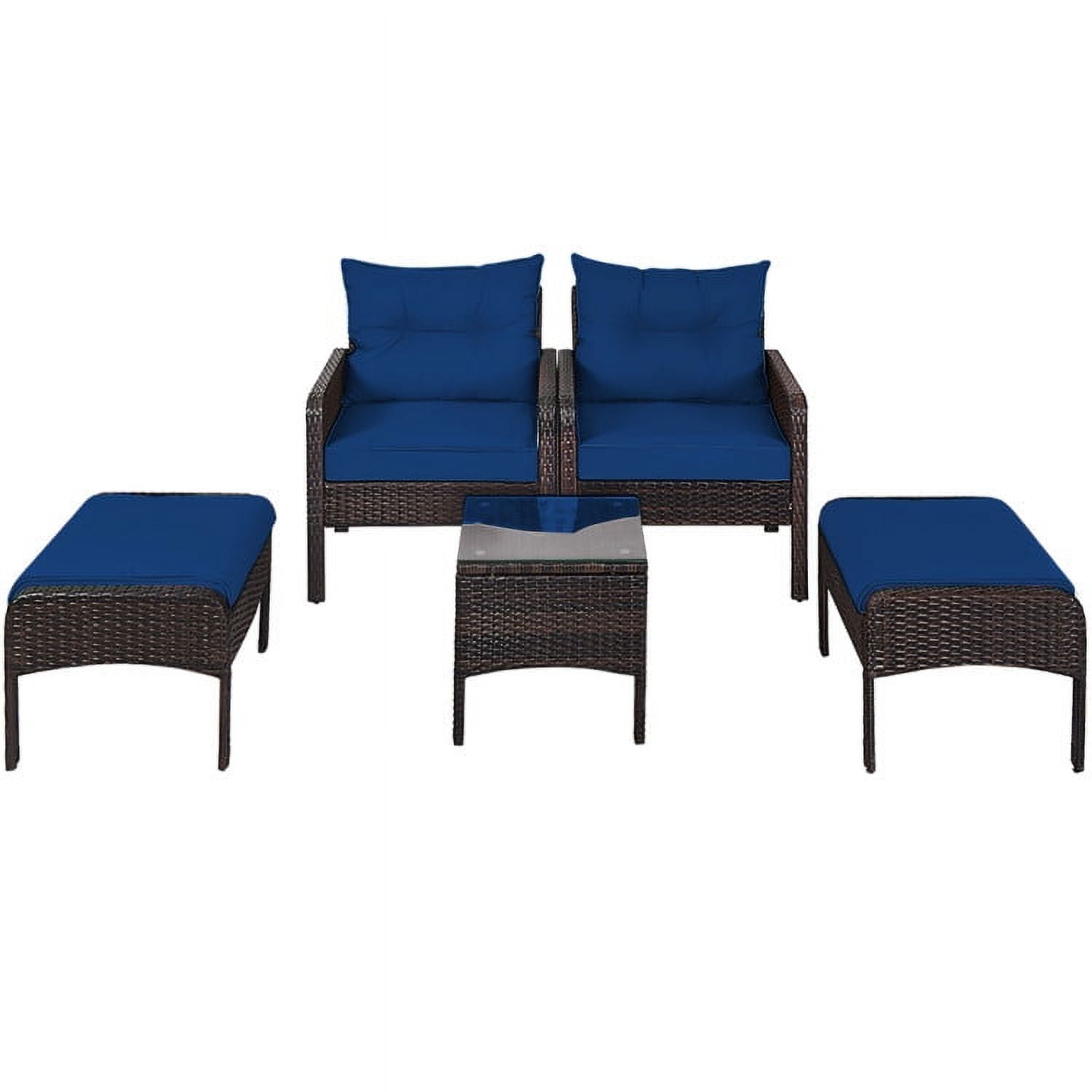 Aimee Lii 5 Pieces Patio Rattan Sofa Ottoman Furniture Set with Cushions, Outdoor Patio Furniture, Navy Aimee Lii 5 Pieces Patio Rattan Sofa Ottoman Furniture Set with Cushions, Outdoor Patio Furniture, Navy