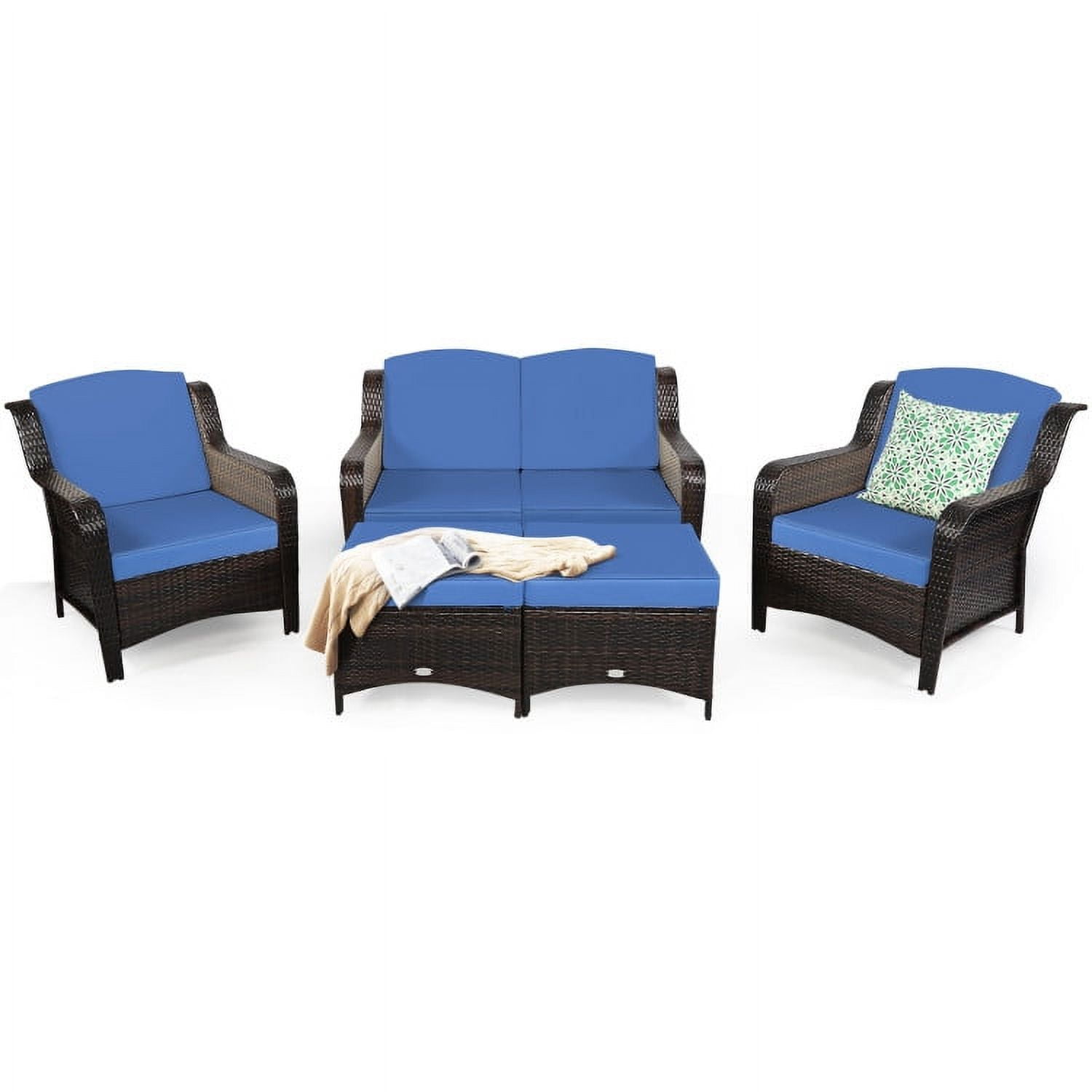 Aimee Lii 5 Pieces Patio Rattan Sofa Set with Cushion and Ottoman, Outdoor Wicker Patio Furniture Set, Navy Aimee Lii 5 Pieces Patio Rattan Sofa Set with Cushion and Ottoman, Outdoor Wicker Patio Furniture Set, Navy