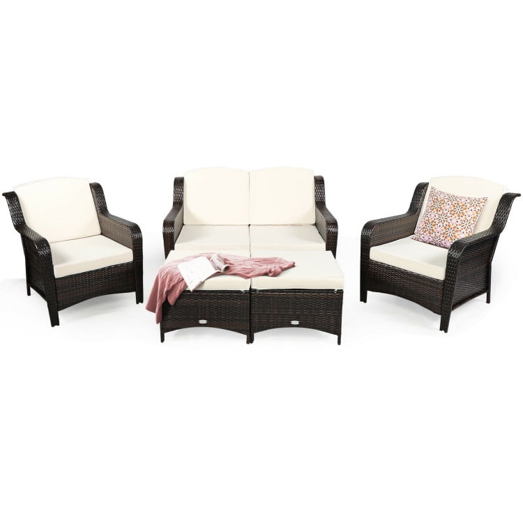 Aimee Lii 5 Pieces Patio Rattan Sofa Set with Cushion and Ottoman, Outdoor Wicker Patio Furniture Set, White Aimee Lii 5 Pieces Patio Rattan Sofa Set with Cushion and Ottoman, Outdoor Wicker Patio Furniture Set, White