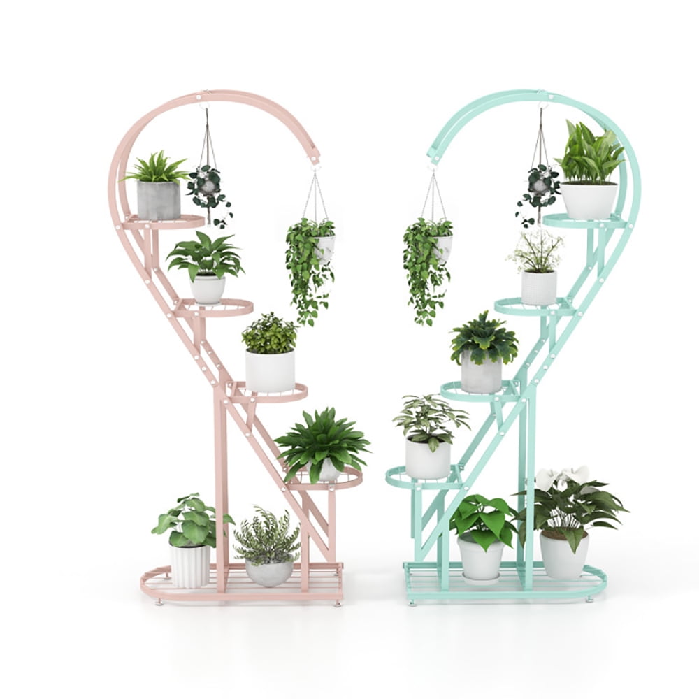 Aimee Lii 5 Tier Metal Plant Stand with Hanging Hook for Multiple Plants, Plant Display Stand for Living Room, Balcony, Pink & Blue