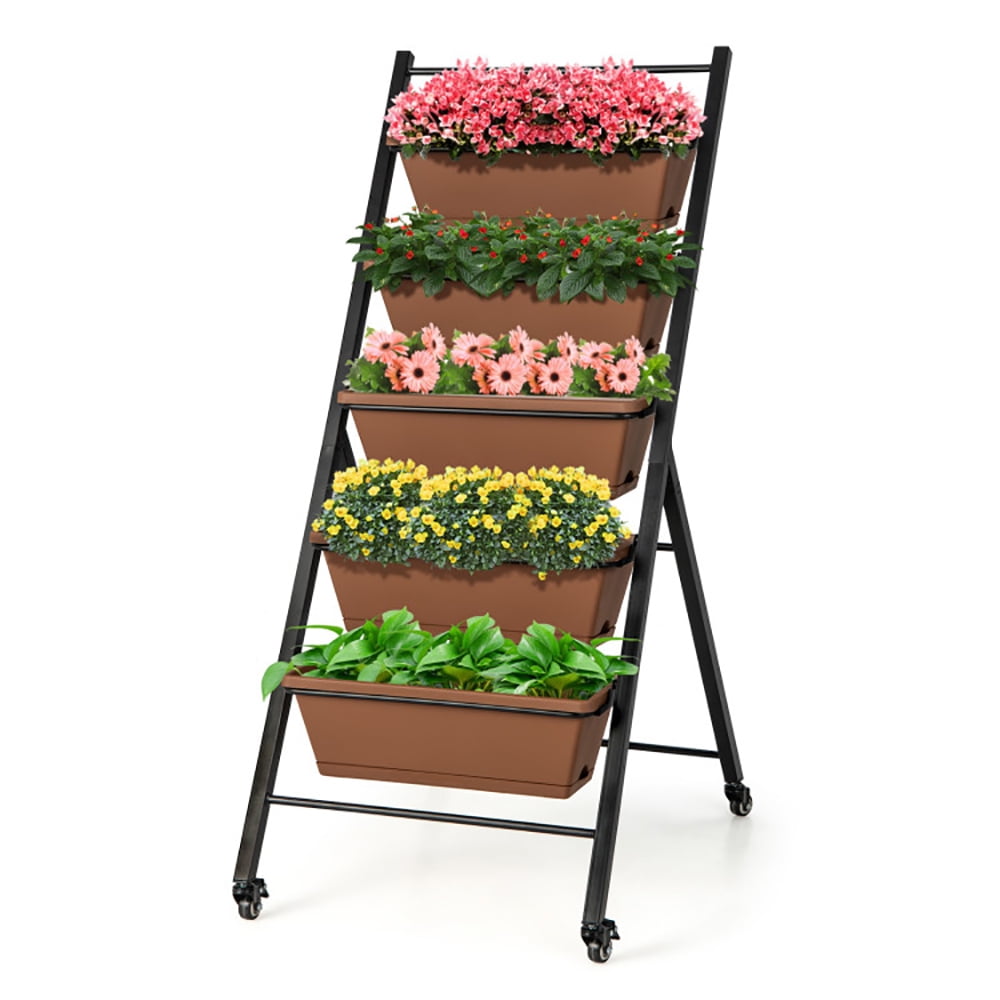 Aimee Lii 5-Tier Vertical Raised Garden Bed with Wheels and Container Boxes, Vertical Garden Planter, Brown