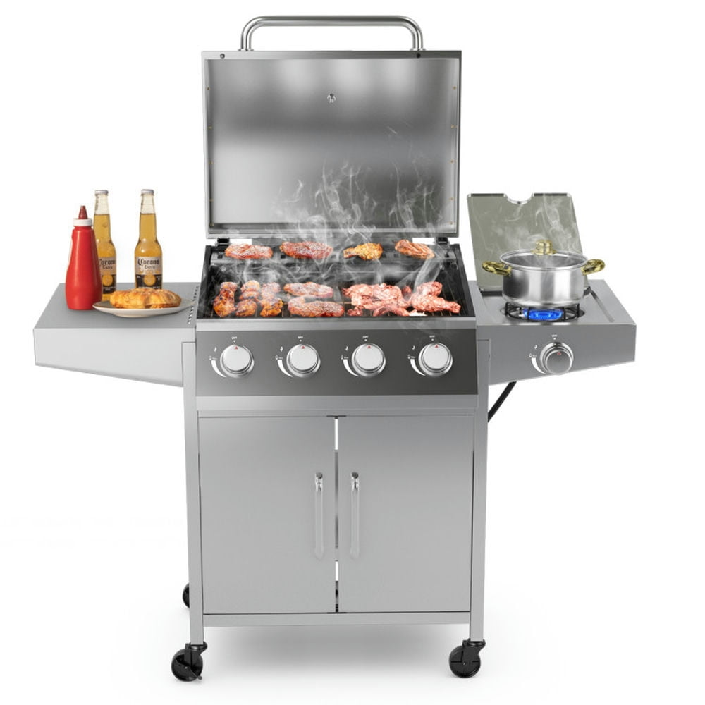 Aimee Lii 50000BTU 5-Burner Propane Gas Grill with Side Burner and 2 Prep Tables, BBQ Grill for Outdoor Cooking Kitchen, Garden and Patio Backyard Barbecue-Silver