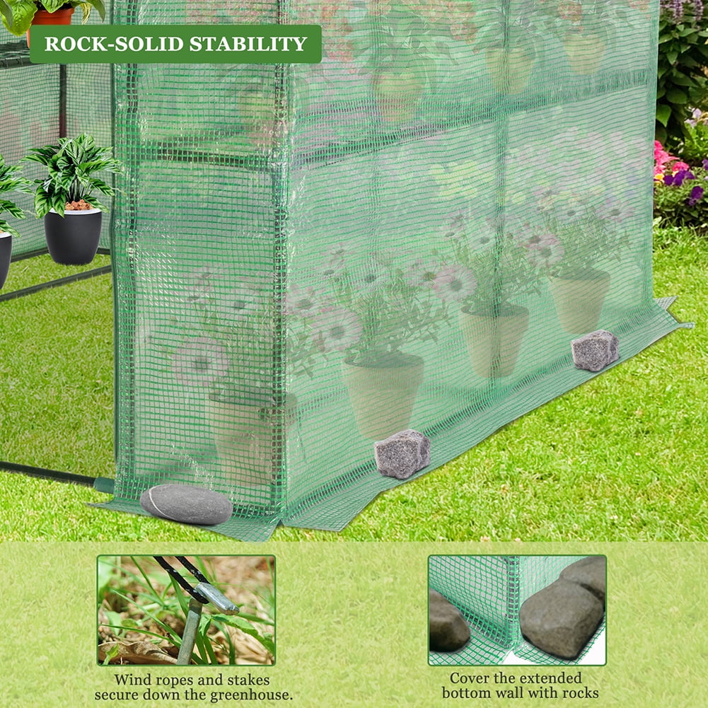 Aimee Lii 56x56x76 Inch Black Iron Pipe Steeple With 8 Pieces Grid Flower Stand With Zipper Rolling Door PE Cloth Greenhouse