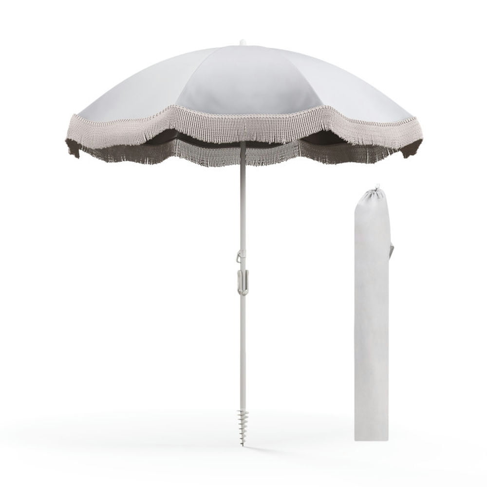 Aimee Lii 6.5 FT Beach Umbrella with Fringe Outdoor Tassel Umbrella with Push Button Tilt, Patio Umbrella, Outdoor Market Umbrella-White