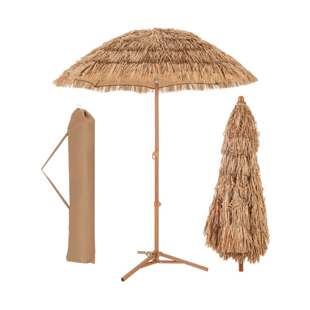 Aimee Lii 6.5 Feet Thatched Umbrella with Foldable Stand Push Button Tilt, Patio Umbrella, Outdoor Market Umbrella-Natural